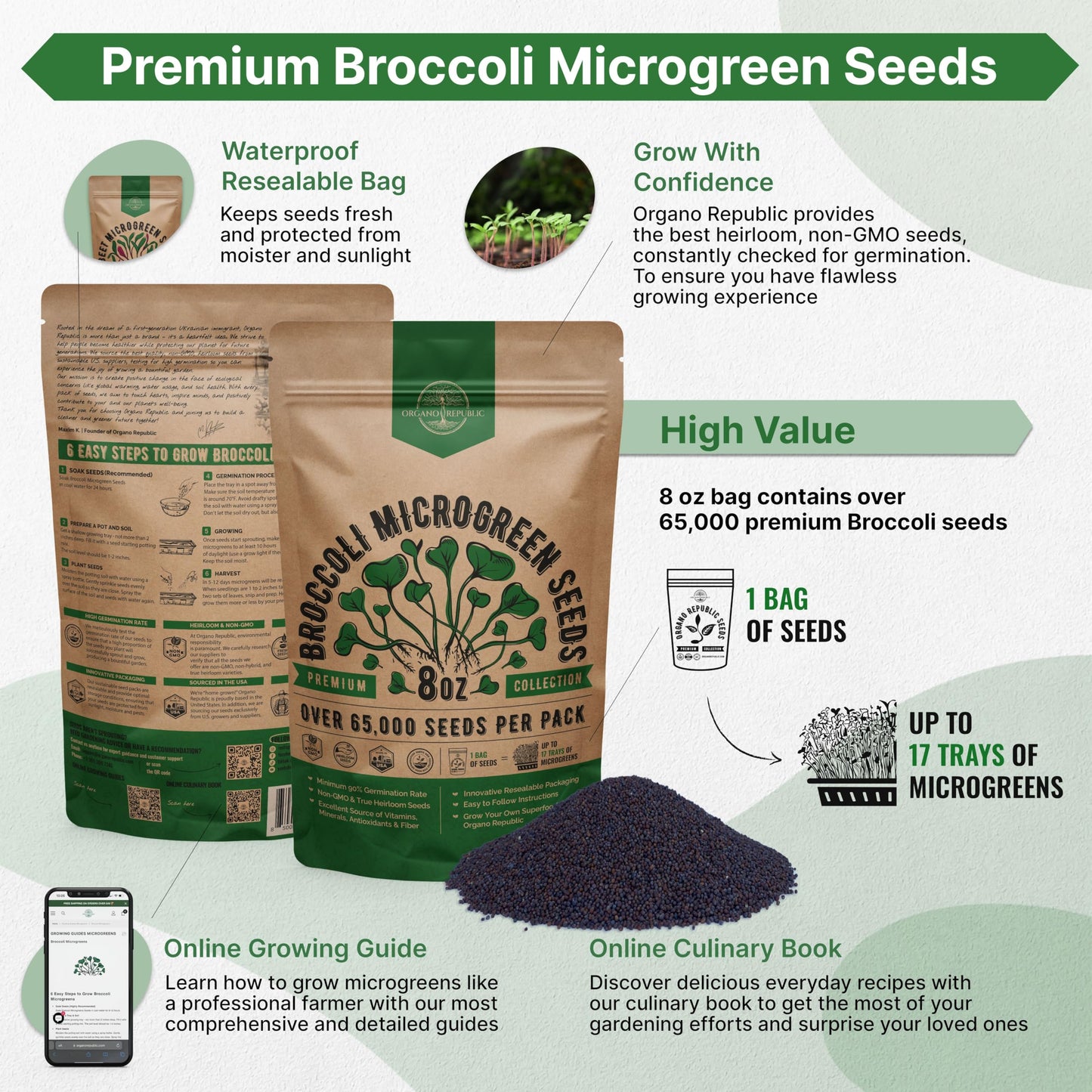 Organo Republic Broccoli Sprouting & Microgreens Seeds - Non-GMO Heirloom Kit in 1lb Resealable Bag for Growing in Soil Coconut Coir Aerogarden Hydroponic - OVAD