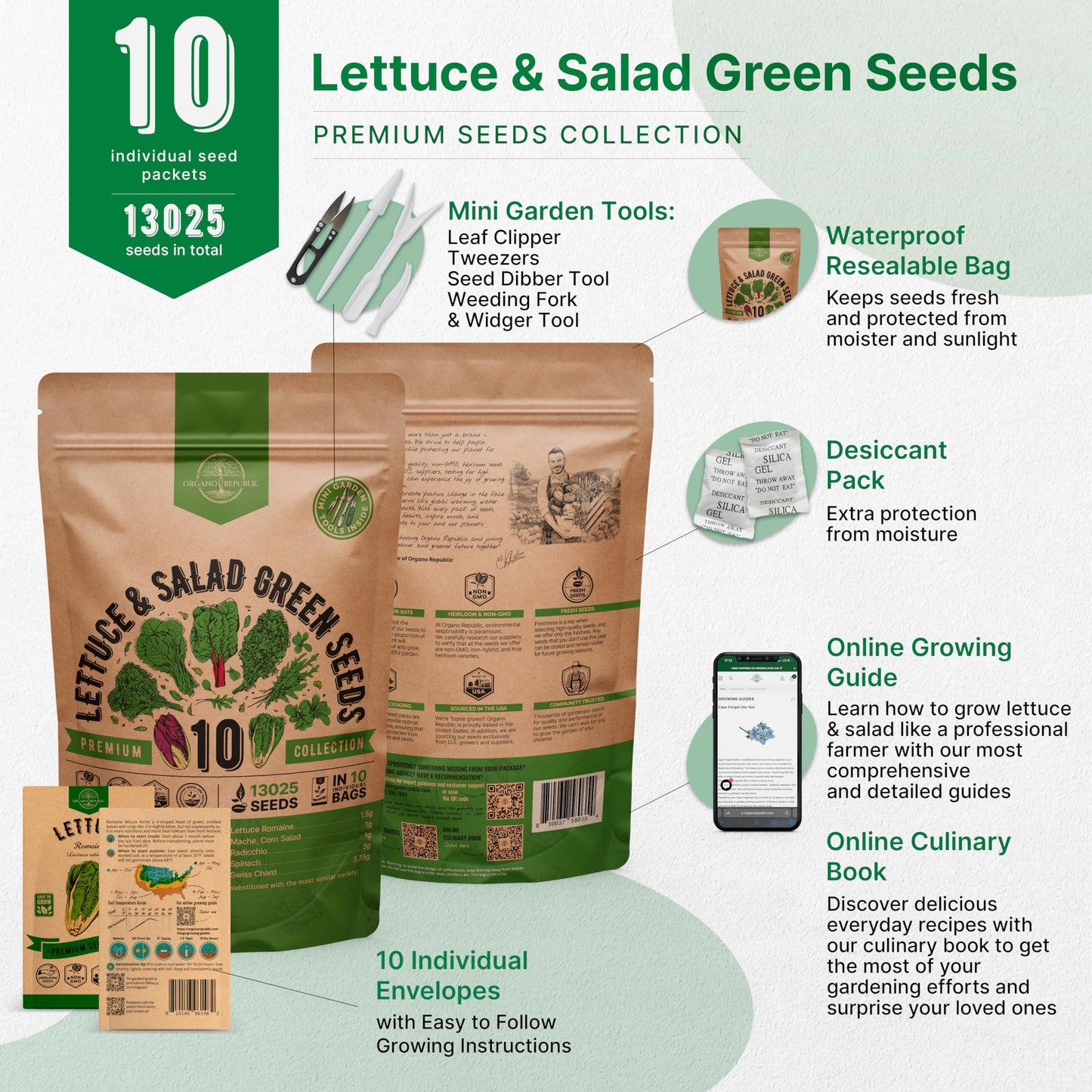 Organo Republic 22 Lettuce & Salad Greens Seeds Variety Pack 24,700 Plus Non-GMO Heirloom Lettuce Seeds For Indoor And Outdoor Garden Hydroponics Aerogarden Arugula Kale Spinach Swiss Chard Lettuce - OVAD