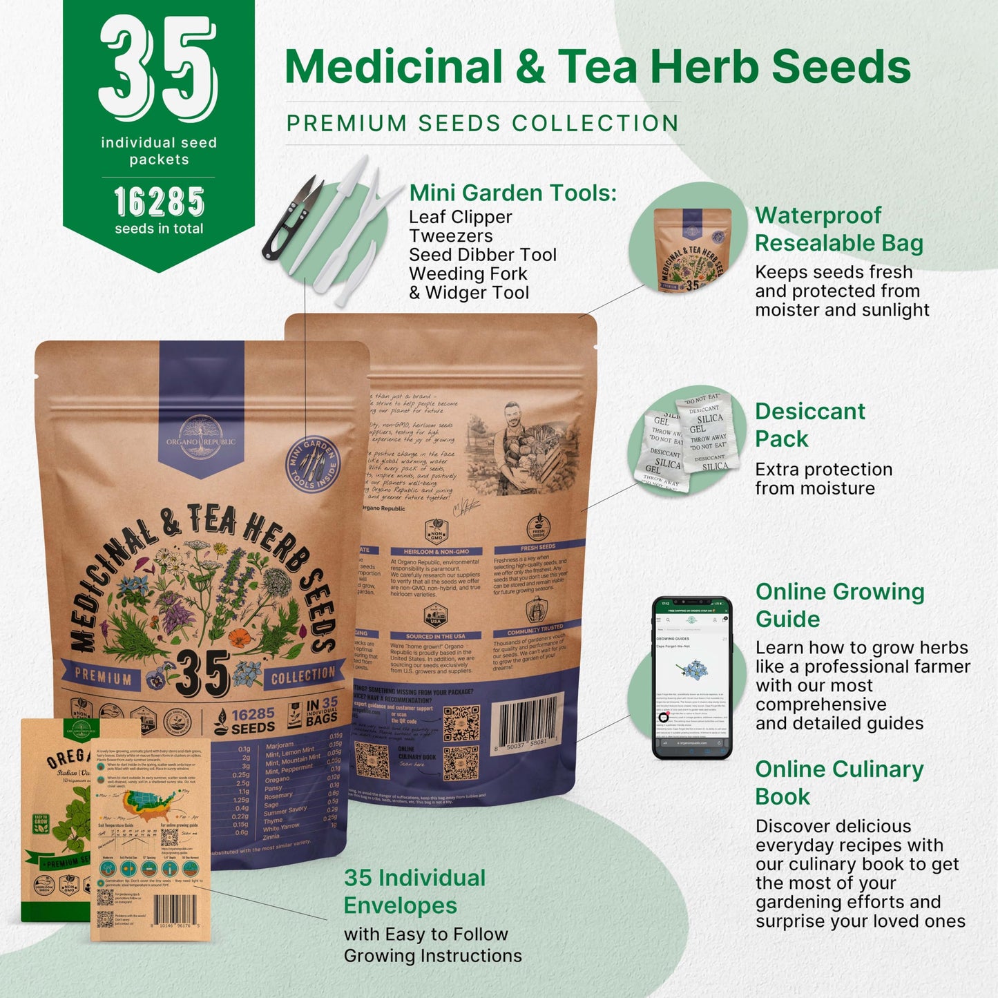 35 Medicinal & Tea Herb Seeds Variety Pack for Indoor & Outdoors Non-GMO Heirloom Garden Seeds Featuring Anise Dandelion & More - OVAD