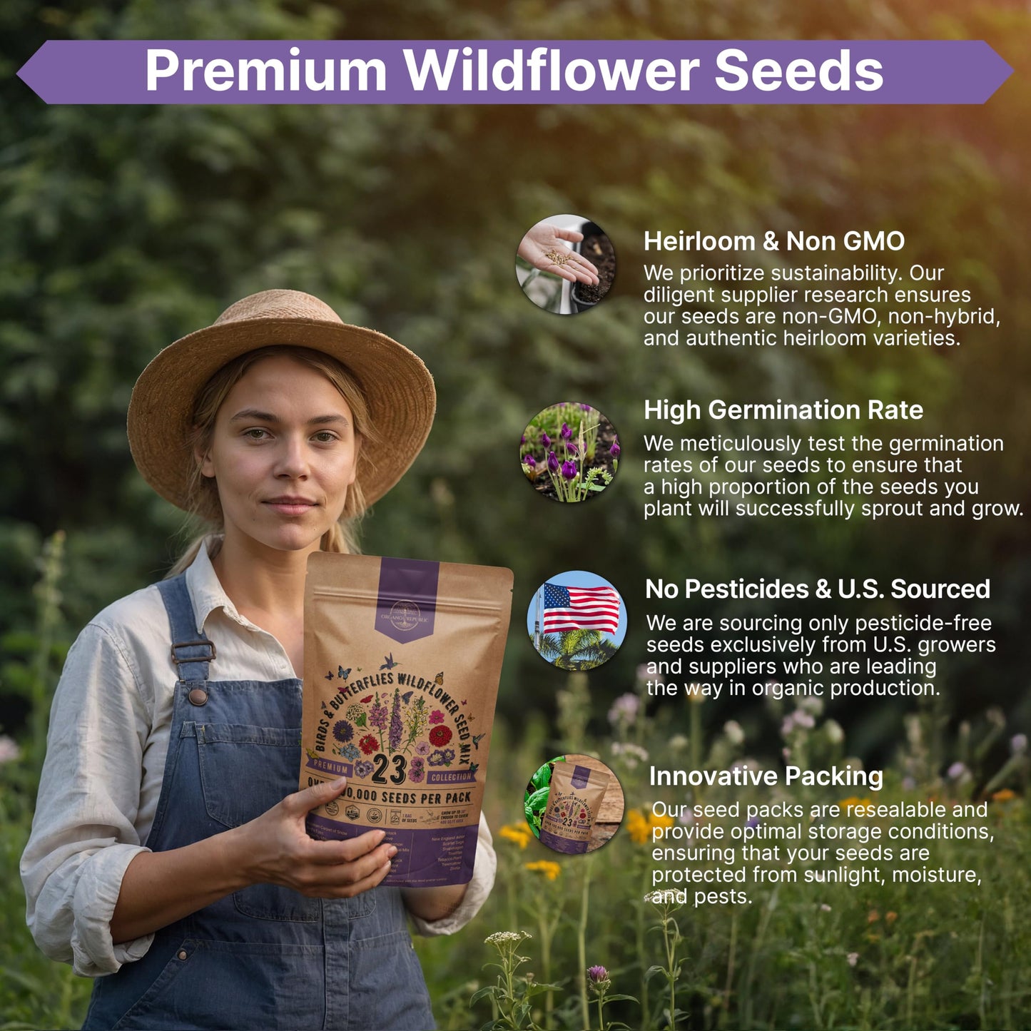 Organo Republic 16 Perennial Wildflower Seeds Mix for Indoor & Outdoors 100,000 Non-GMO Heirloom Seeds 4oz Packet to Attract Bees Butterflies Birds - OVAD