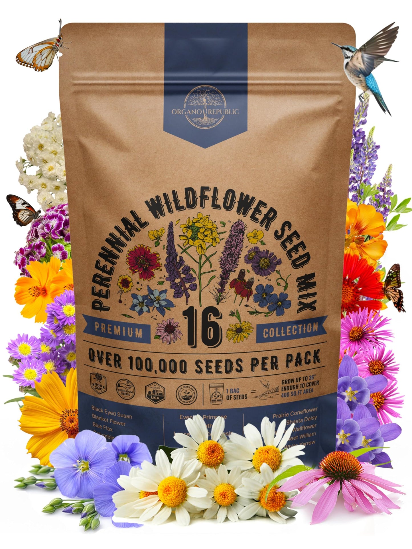 Organo Republic 16 Perennial Wildflower Seeds Mix for Indoor & Outdoors 100,000 Non-GMO Heirloom Seeds 4oz Packet to Attract Bees Butterflies Birds - OVAD