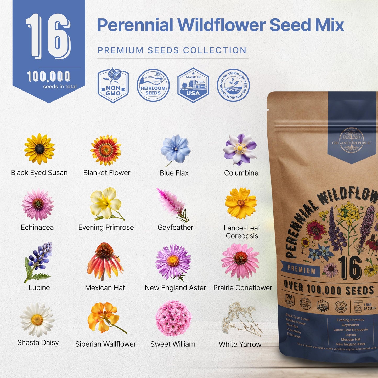 Organo Republic 16 Perennial Wildflower Seeds Mix for Indoor & Outdoors 100,000 Non-GMO Heirloom Seeds 4oz Packet to Attract Bees Butterflies Birds - OVAD