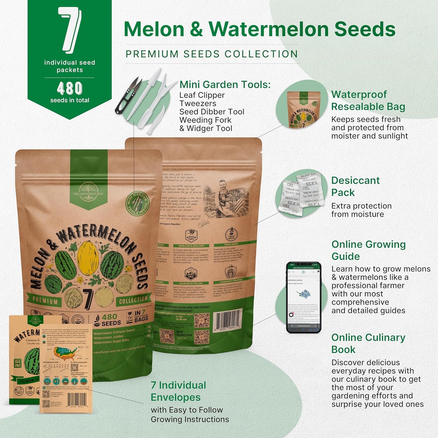 Organo Republic 7 Melon & Watermelon Seeds Variety Pack 480+ Non-GMO Heirloom Fruit Seeds for Hydroponic Indoor Outdoor Gardening - OVAD