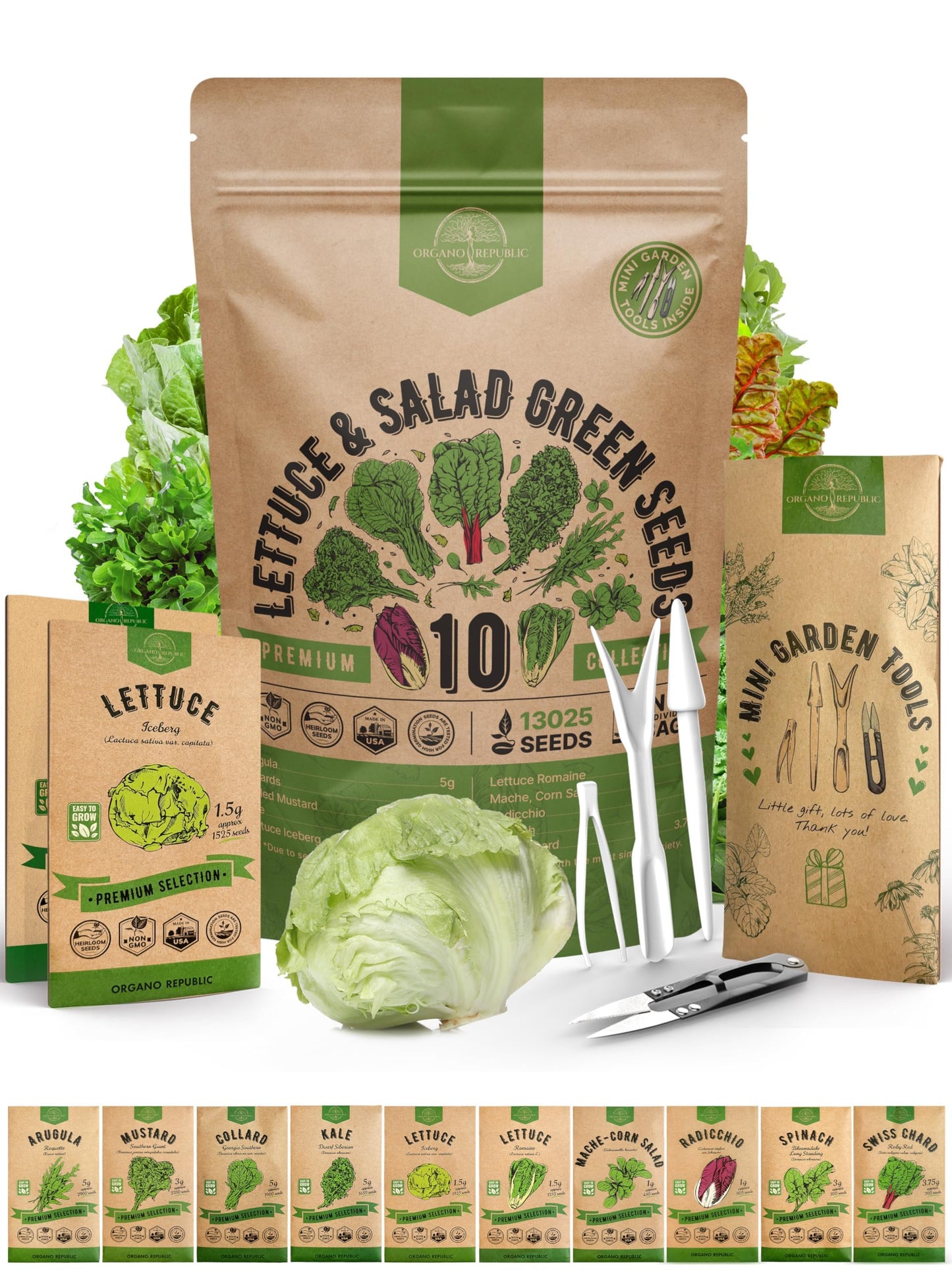Organo Republic 22 Lettuce & Salad Greens Seeds Variety Pack 24,700 Plus Non-GMO Heirloom Lettuce Seeds For Indoor And Outdoor Garden Hydroponics Aerogarden Arugula Kale Spinach Swiss Chard Lettuce - OVAD