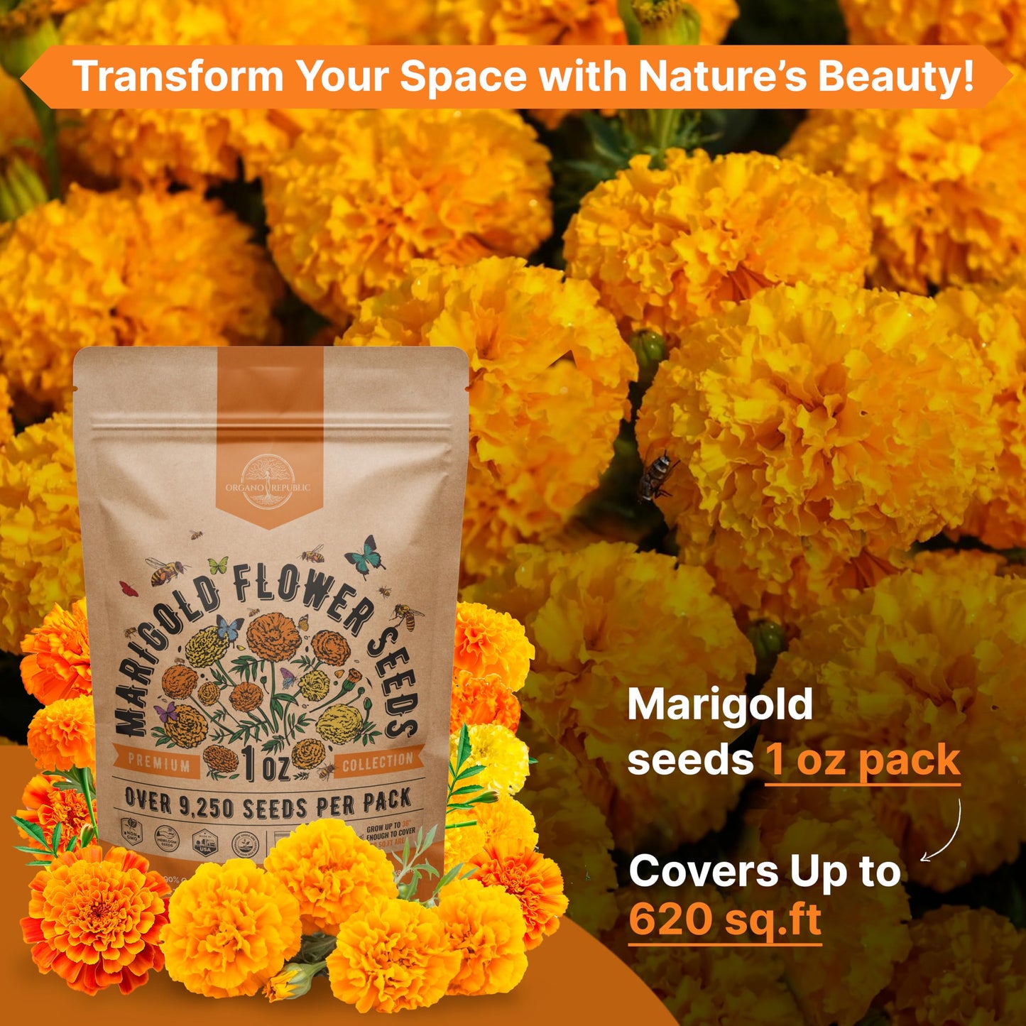 Marigold Seeds Pack 1 oz - Over 9,250 Non-GMO Heirloom Seeds for Indoor and Outdoor Gardening, Perfect for Home and Garden Beautification - OVAD