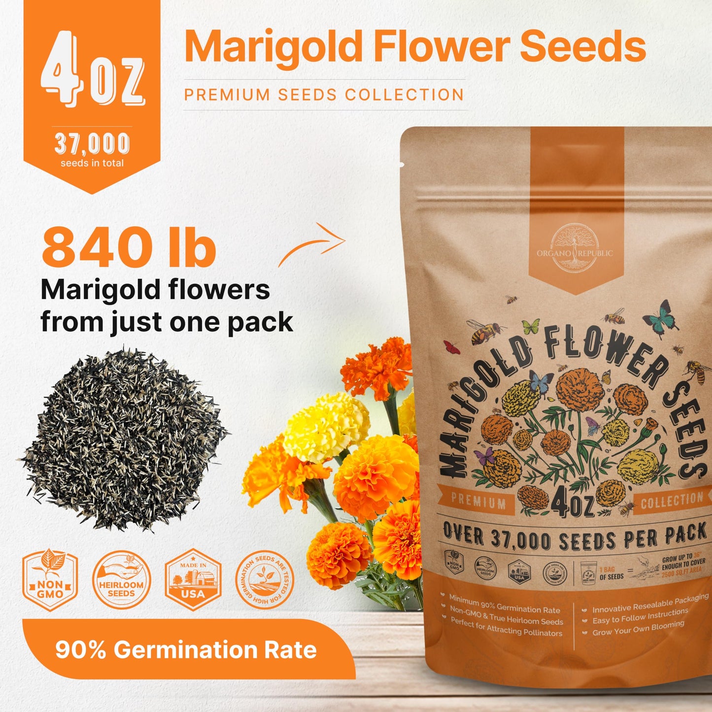 Marigold Seeds Pack 1 oz - Over 9,250 Non-GMO Heirloom Seeds for Indoor and Outdoor Gardening, Perfect for Home and Garden Beautification - OVAD