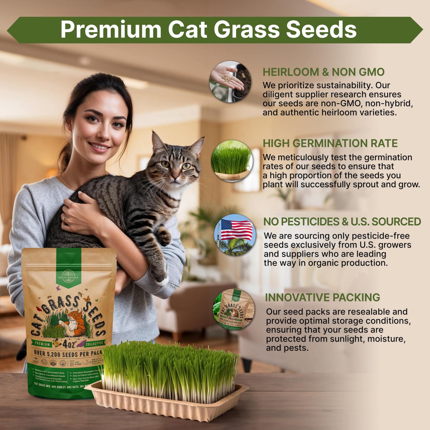 Organo Republic Cat Grass Seeds Mix - 20,800 Non-GMO Heirloom Seeds for Cats & Pets, 16 oz Pack for Indoor Planting and Natural Hairball Remedy - OVAD