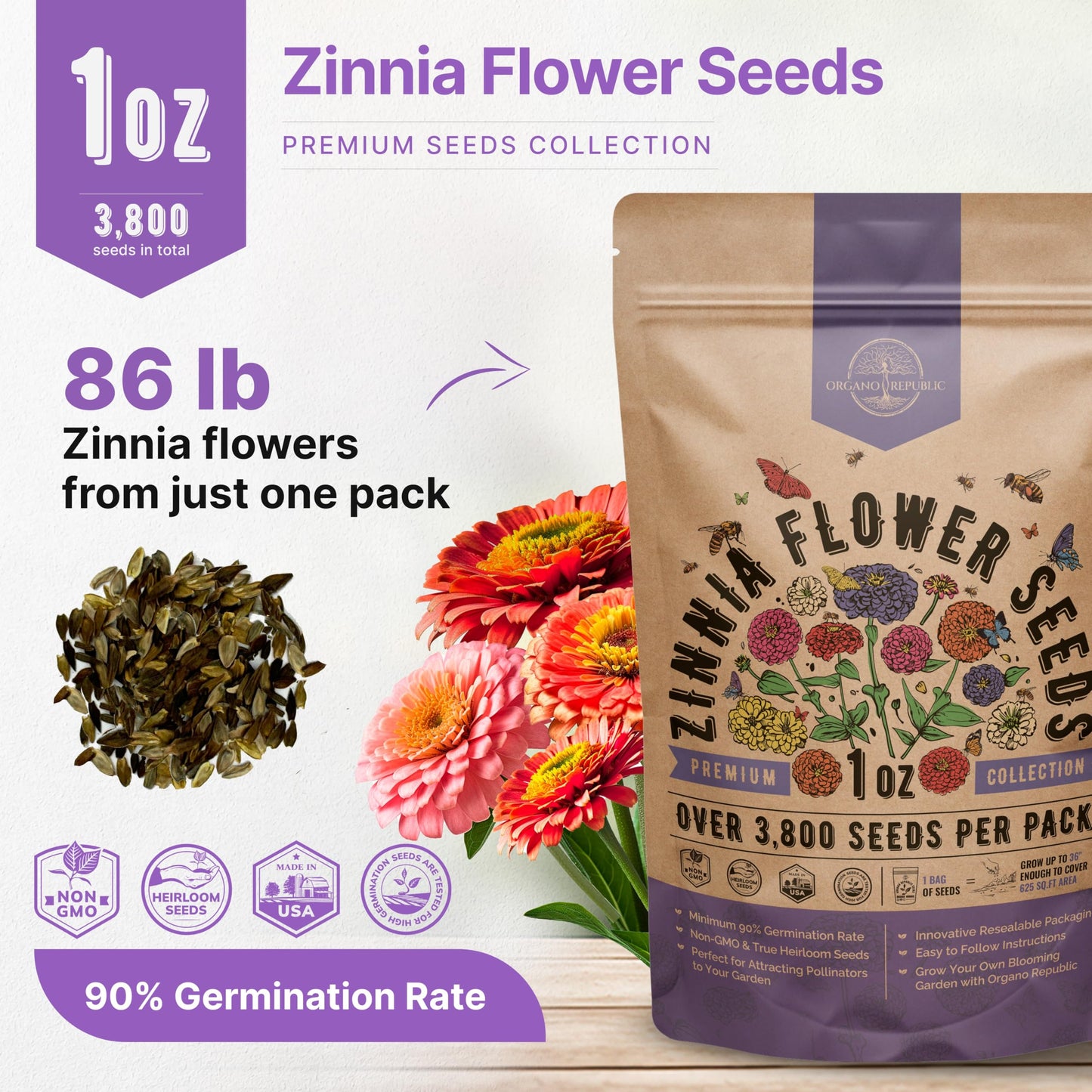 Zinnia Seeds Pack 1 oz - Over 3,800 Non-GMO Heirloom Seeds for Beautiful Annual Flower Gardens Indoors and Outdoors - OVAD