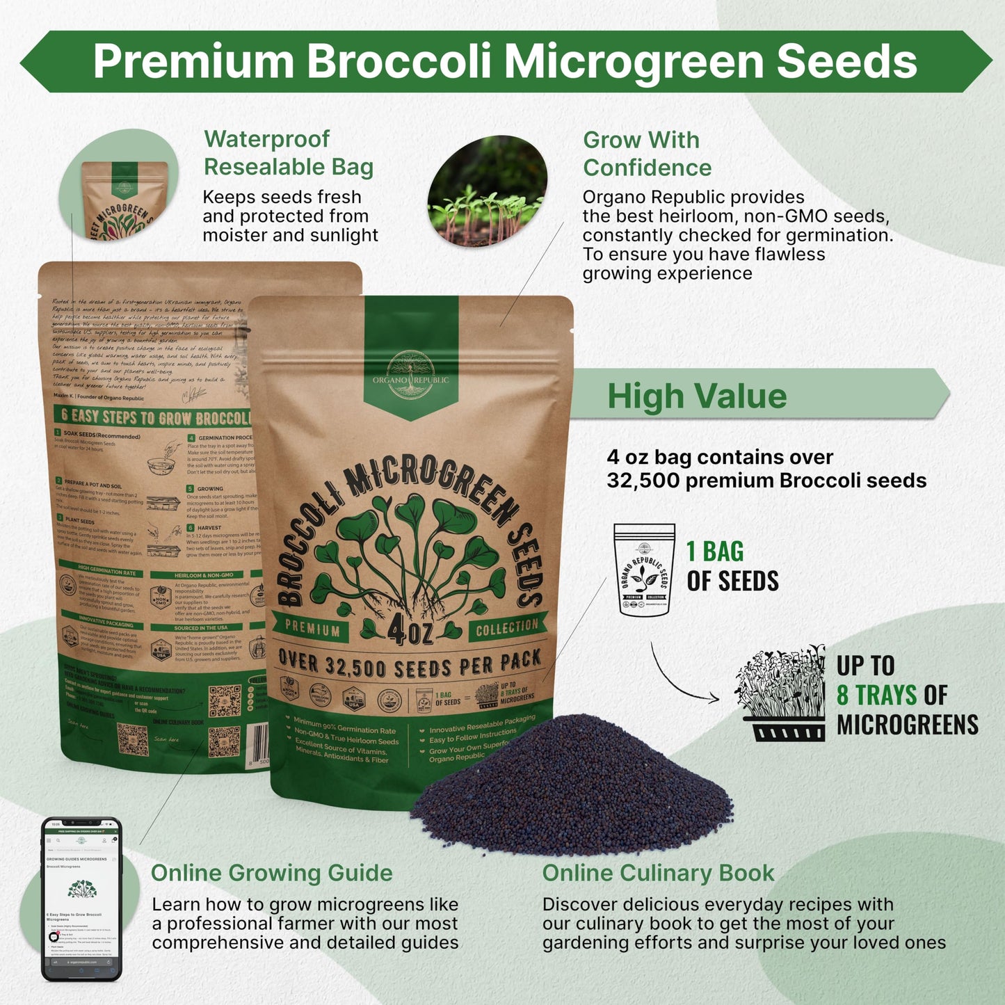 Organo Republic Broccoli Sprouting & Microgreens Seeds - Non-GMO Heirloom Kit in 1lb Resealable Bag for Growing in Soil Coconut Coir Aerogarden Hydroponic - OVAD