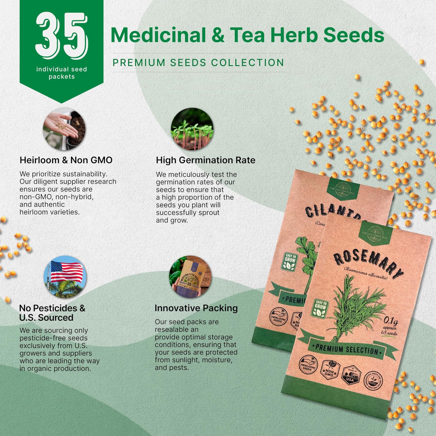 35 Medicinal & Tea Herb Seeds Variety Pack for Indoor & Outdoors Non-GMO Heirloom Garden Seeds Featuring Anise Dandelion & More - OVAD