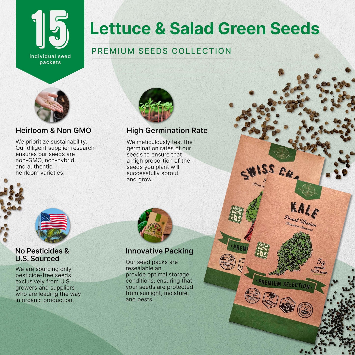 Organo Republic 22 Lettuce & Salad Greens Seeds Variety Pack 24,700 Plus Non-GMO Heirloom Lettuce Seeds For Indoor And Outdoor Garden Hydroponics Aerogarden Arugula Kale Spinach Swiss Chard Lettuce - OVAD