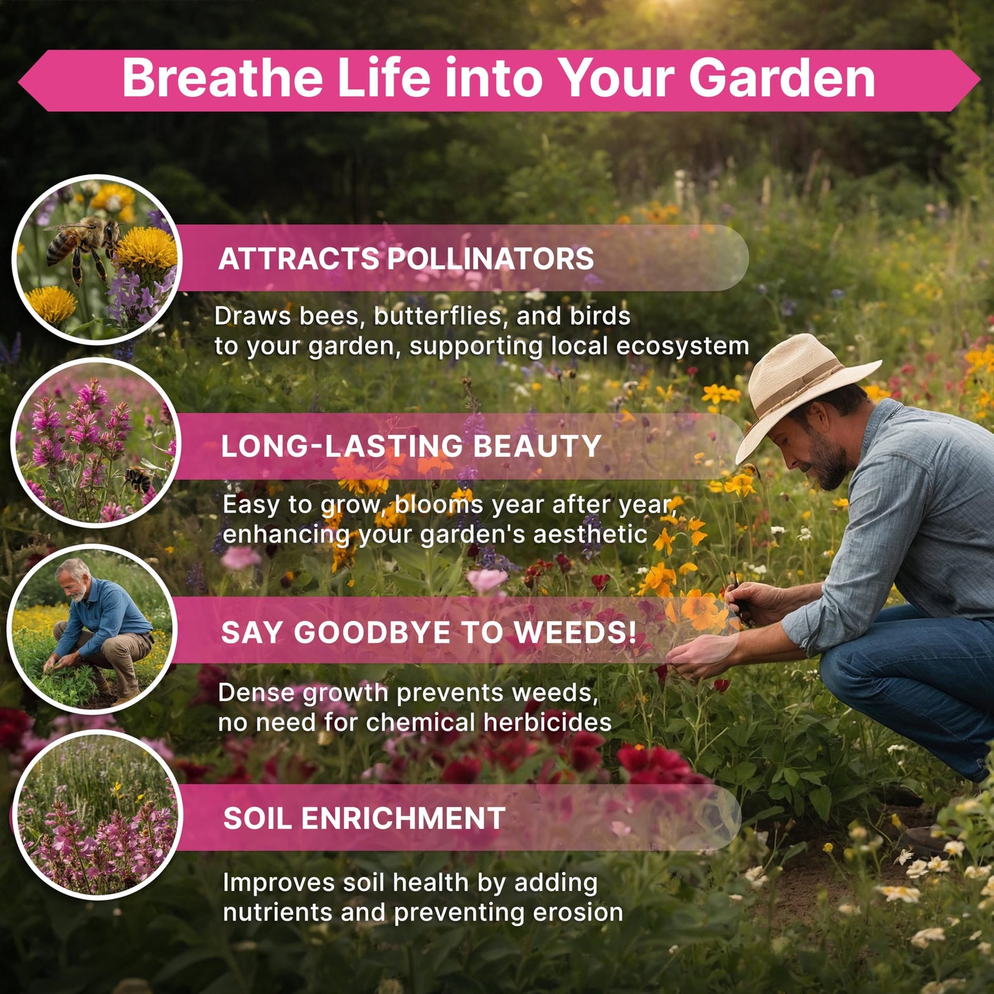 Organo Republic 16 Perennial Wildflower Seeds Mix for Indoor & Outdoors 100,000 Non-GMO Heirloom Seeds 4oz Packet to Attract Bees Butterflies Birds - OVAD