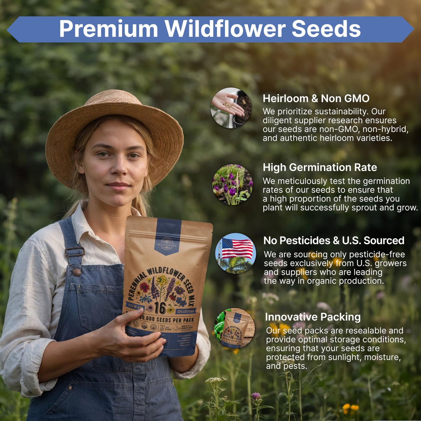 Organo Republic 16 Perennial Wildflower Seeds Mix for Indoor & Outdoors 100,000 Non-GMO Heirloom Seeds 4oz Packet to Attract Bees Butterflies Birds - OVAD