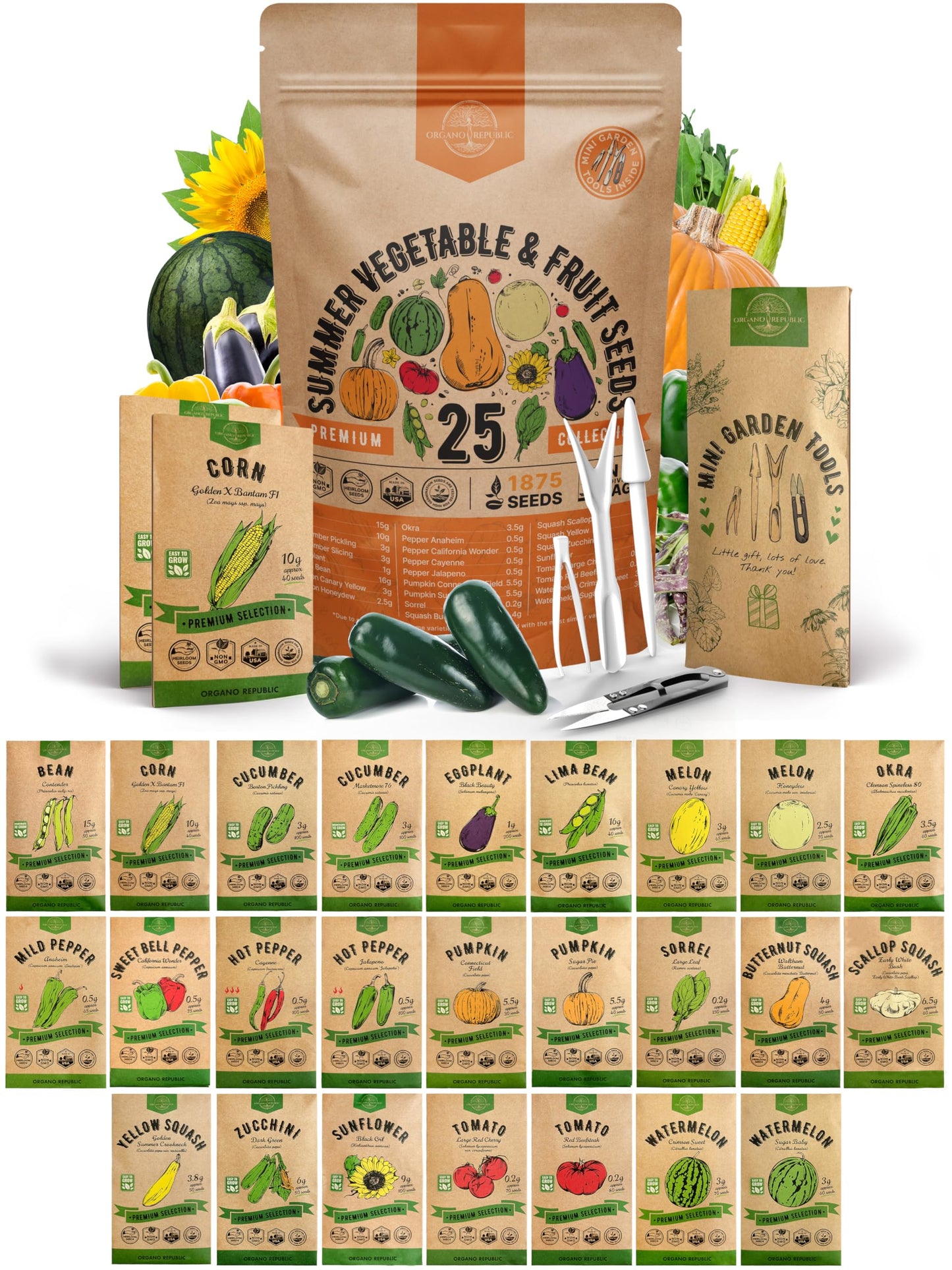 25 Summer Vegetable & Fruit Seeds Variety Pack with 1,870+ Non-GMO Heirloom Seeds for Indoor and Outdoor Gardening Including Tomatoes, Peppers, Okra, and More - OVAD