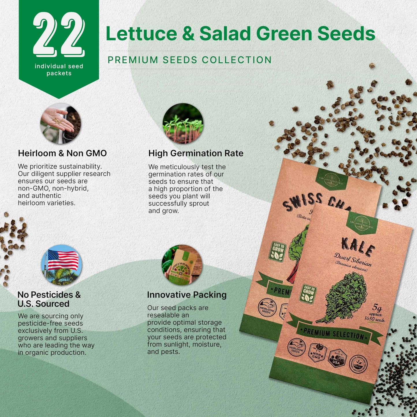 Organo Republic 22 Lettuce & Salad Greens Seeds Variety Pack 24,700 Plus Non-GMO Heirloom Lettuce Seeds For Indoor And Outdoor Garden Hydroponics Aerogarden Arugula Kale Spinach Swiss Chard Lettuce - OVAD