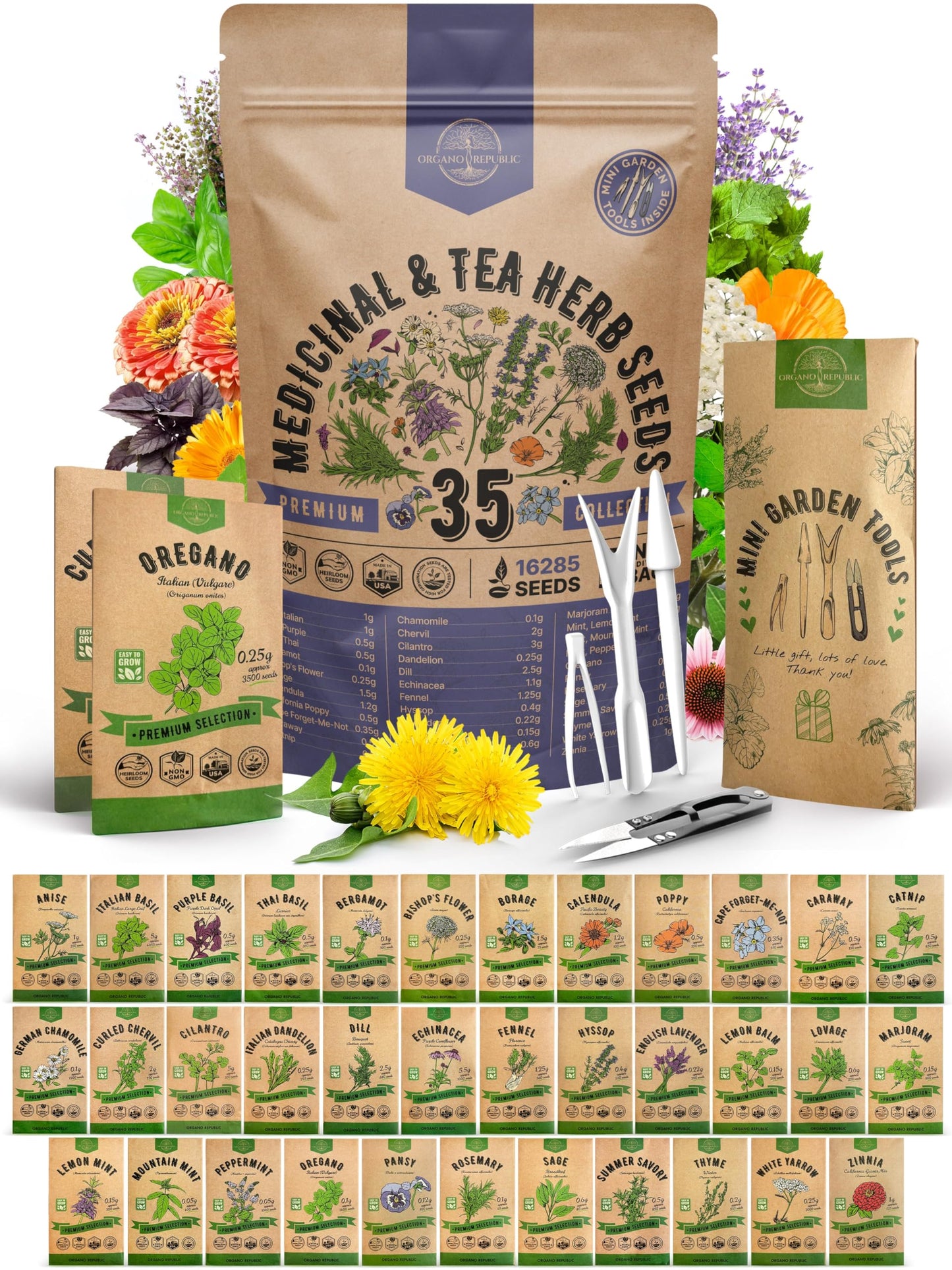 35 Medicinal & Tea Herb Seeds Variety Pack for Indoor & Outdoors Non-GMO Heirloom Garden Seeds Featuring Anise Dandelion & More - OVAD