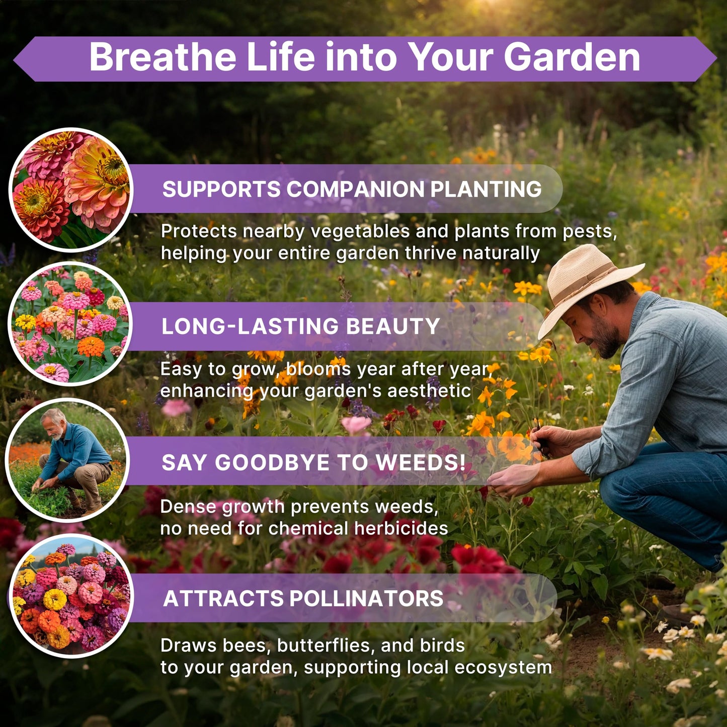 Zinnia Seeds Pack 1 oz - Over 3,800 Non-GMO Heirloom Seeds for Beautiful Annual Flower Gardens Indoors and Outdoors - OVAD