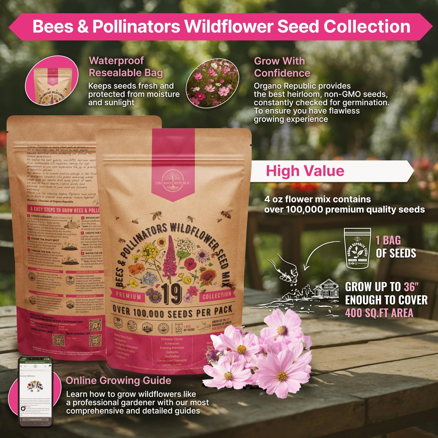 Organo Republic 16 Perennial Wildflower Seeds Mix for Indoor & Outdoors 100,000 Non-GMO Heirloom Seeds 4oz Packet to Attract Bees Butterflies Birds - OVAD