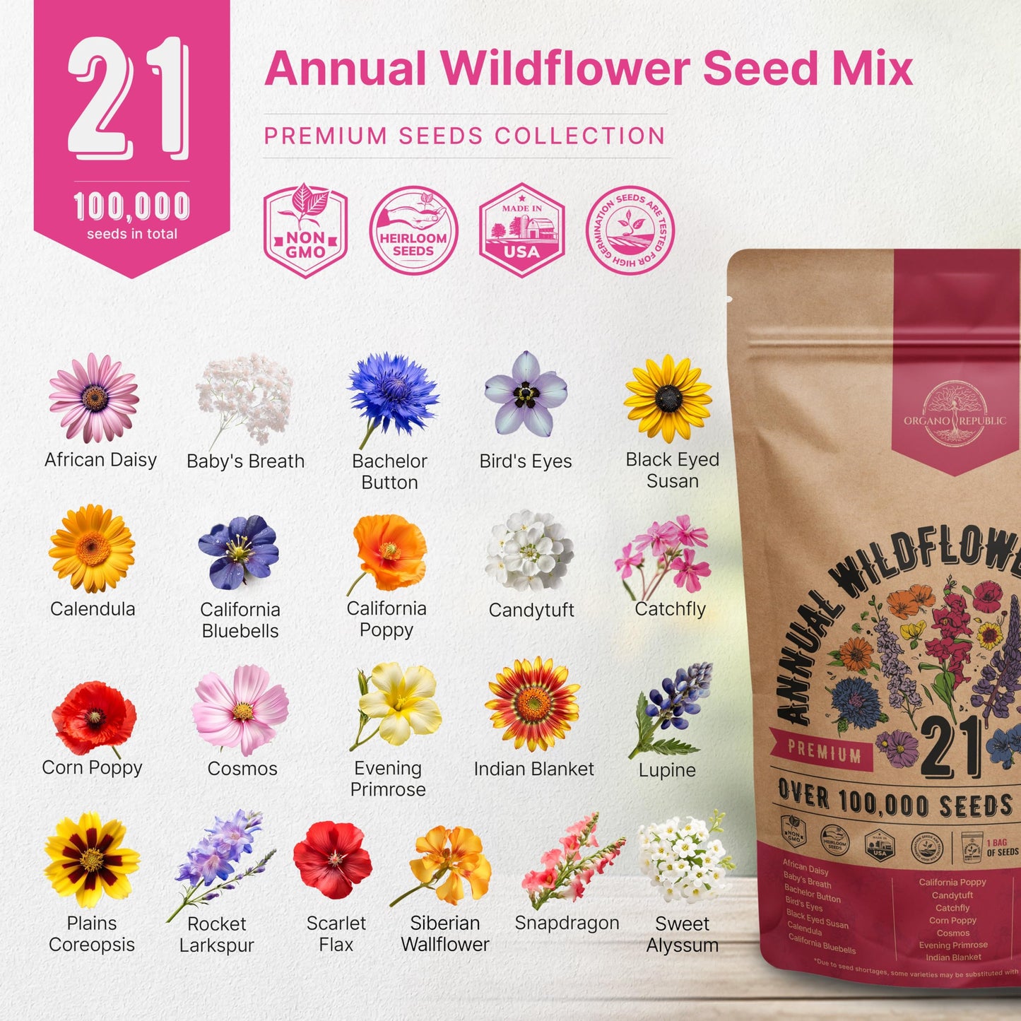 Organo Republic 16 Perennial Wildflower Seeds Mix for Indoor & Outdoors 100,000 Non-GMO Heirloom Seeds 4oz Packet to Attract Bees Butterflies Birds - OVAD