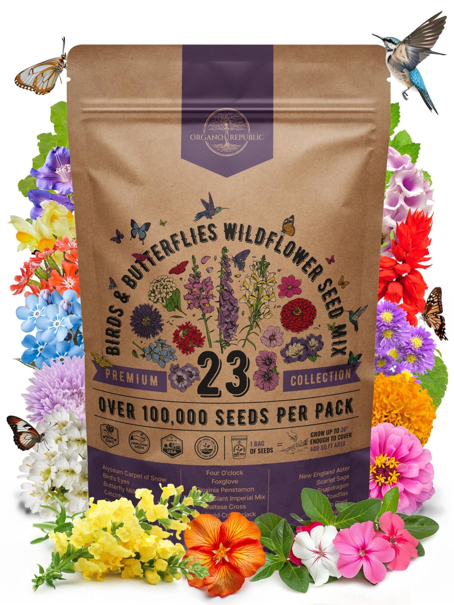Organo Republic 16 Perennial Wildflower Seeds Mix for Indoor & Outdoors 100,000 Non-GMO Heirloom Seeds 4oz Packet to Attract Bees Butterflies Birds - OVAD