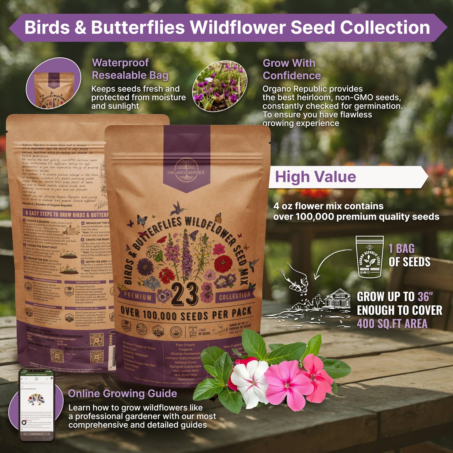 Organo Republic 16 Perennial Wildflower Seeds Mix for Indoor & Outdoors 100,000 Non-GMO Heirloom Seeds 4oz Packet to Attract Bees Butterflies Birds - OVAD