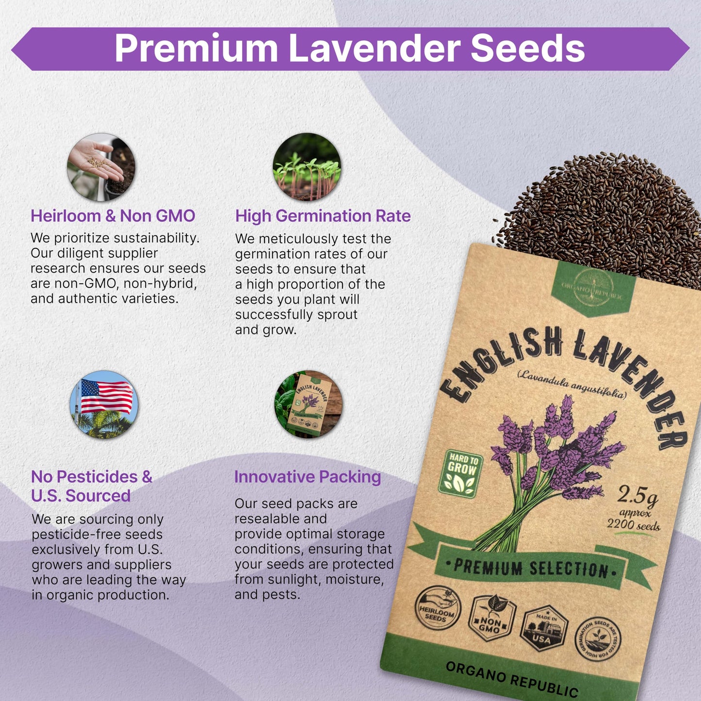 English Lavender Seeds Pack 2.50G - Over 2200 Non-GMO Heirloom Lavender Seeds for Planting Herbs in Individual Seed Packet for Home Gardens - OVAD