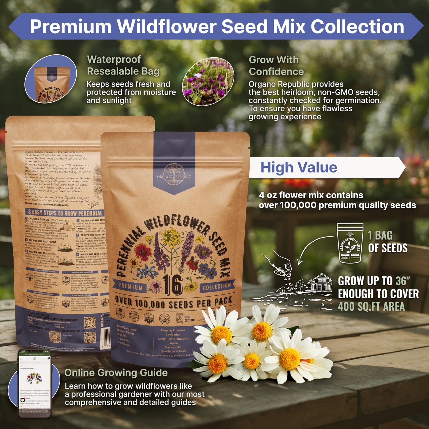 Organo Republic 16 Perennial Wildflower Seeds Mix for Indoor & Outdoors 100,000 Non-GMO Heirloom Seeds 4oz Packet to Attract Bees Butterflies Birds - OVAD