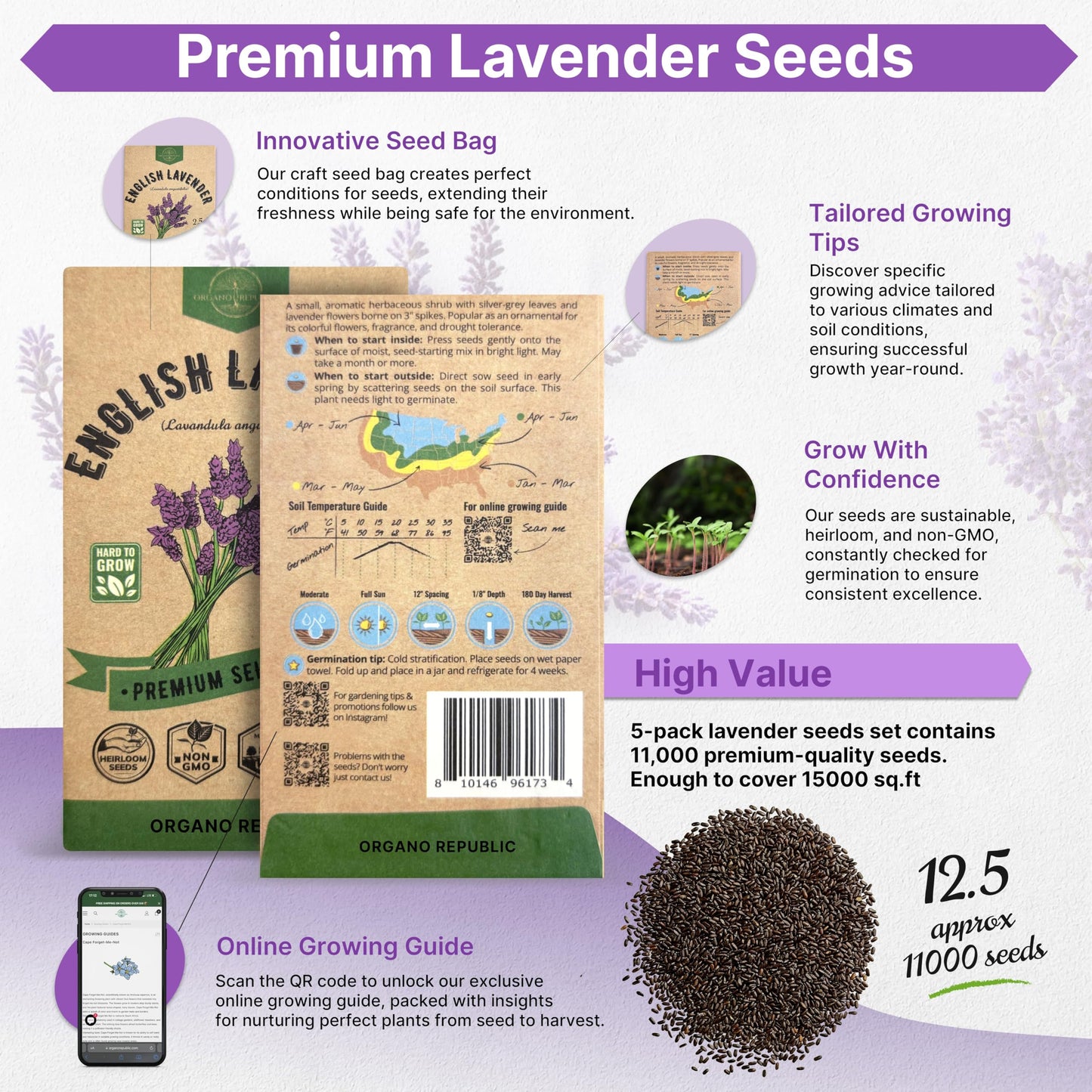 English Lavender Seeds Pack 2.50G - Over 2200 Non-GMO Heirloom Lavender Seeds for Planting Herbs in Individual Seed Packet for Home Gardens - OVAD