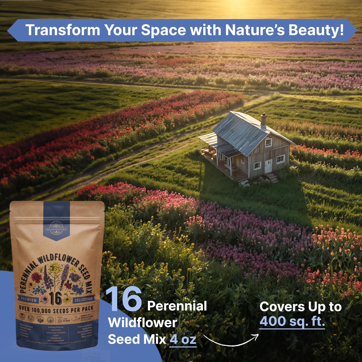 Organo Republic 16 Perennial Wildflower Seeds Mix for Indoor & Outdoors 100,000 Non-GMO Heirloom Seeds 4oz Packet to Attract Bees Butterflies Birds - OVAD