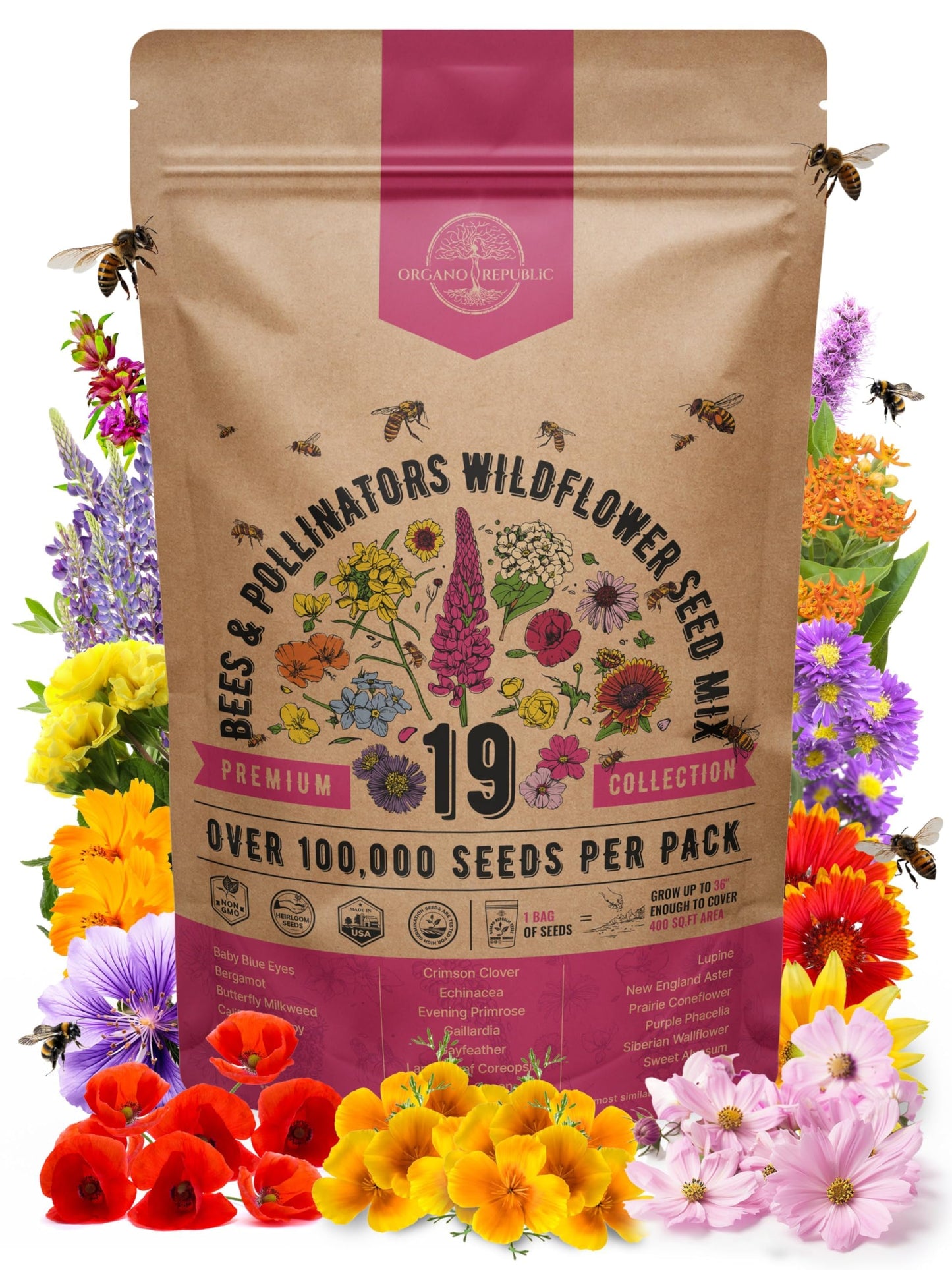 Organo Republic 16 Perennial Wildflower Seeds Mix for Indoor & Outdoors 100,000 Non-GMO Heirloom Seeds 4oz Packet to Attract Bees Butterflies Birds - OVAD