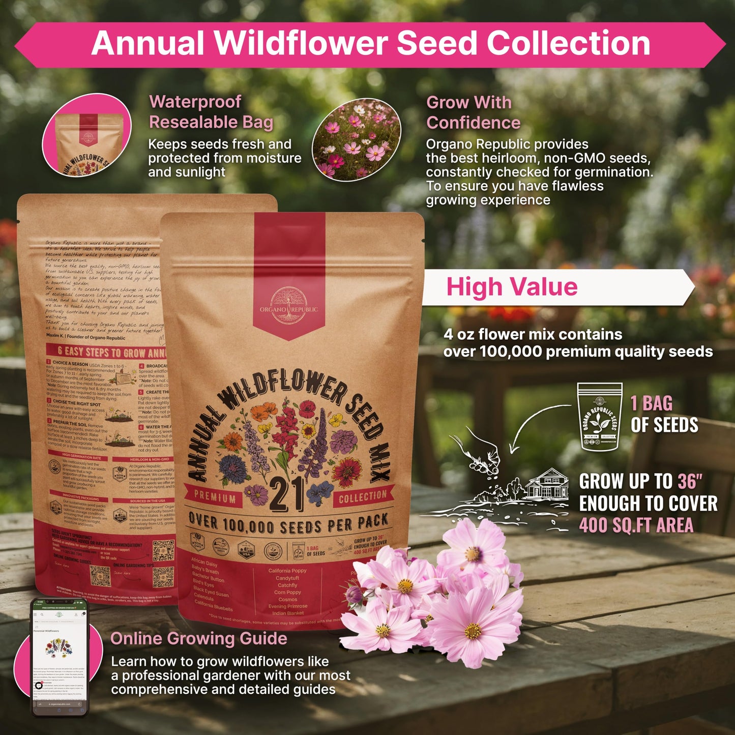 Organo Republic 16 Perennial Wildflower Seeds Mix for Indoor & Outdoors 100,000 Non-GMO Heirloom Seeds 4oz Packet to Attract Bees Butterflies Birds - OVAD