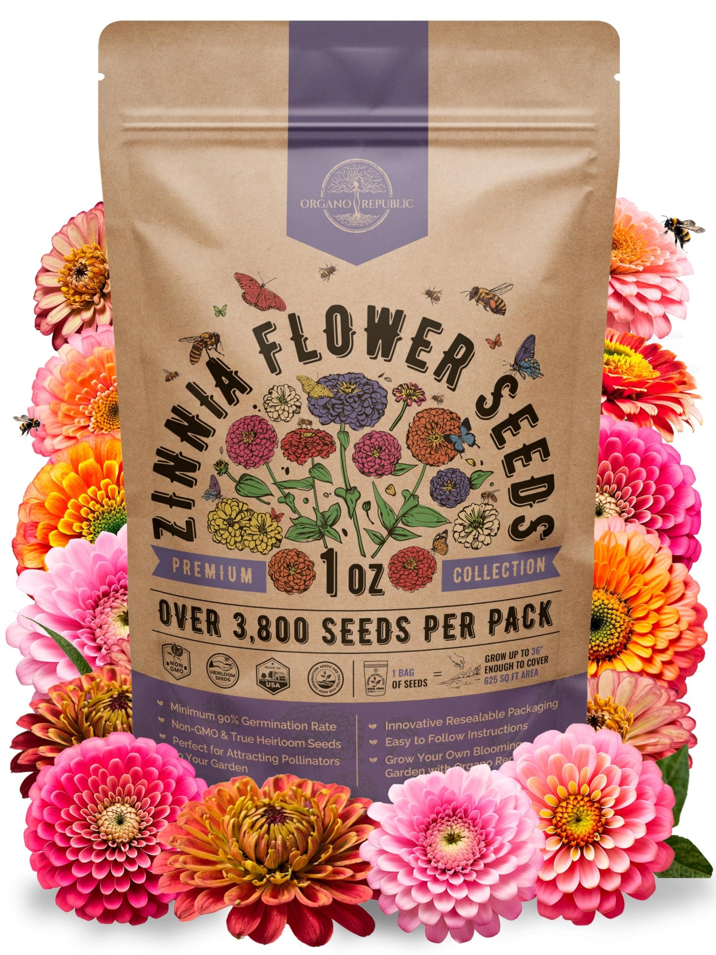 Zinnia Seeds Pack 1 oz - Over 3,800 Non-GMO Heirloom Seeds for Beautiful Annual Flower Gardens Indoors and Outdoors - OVAD