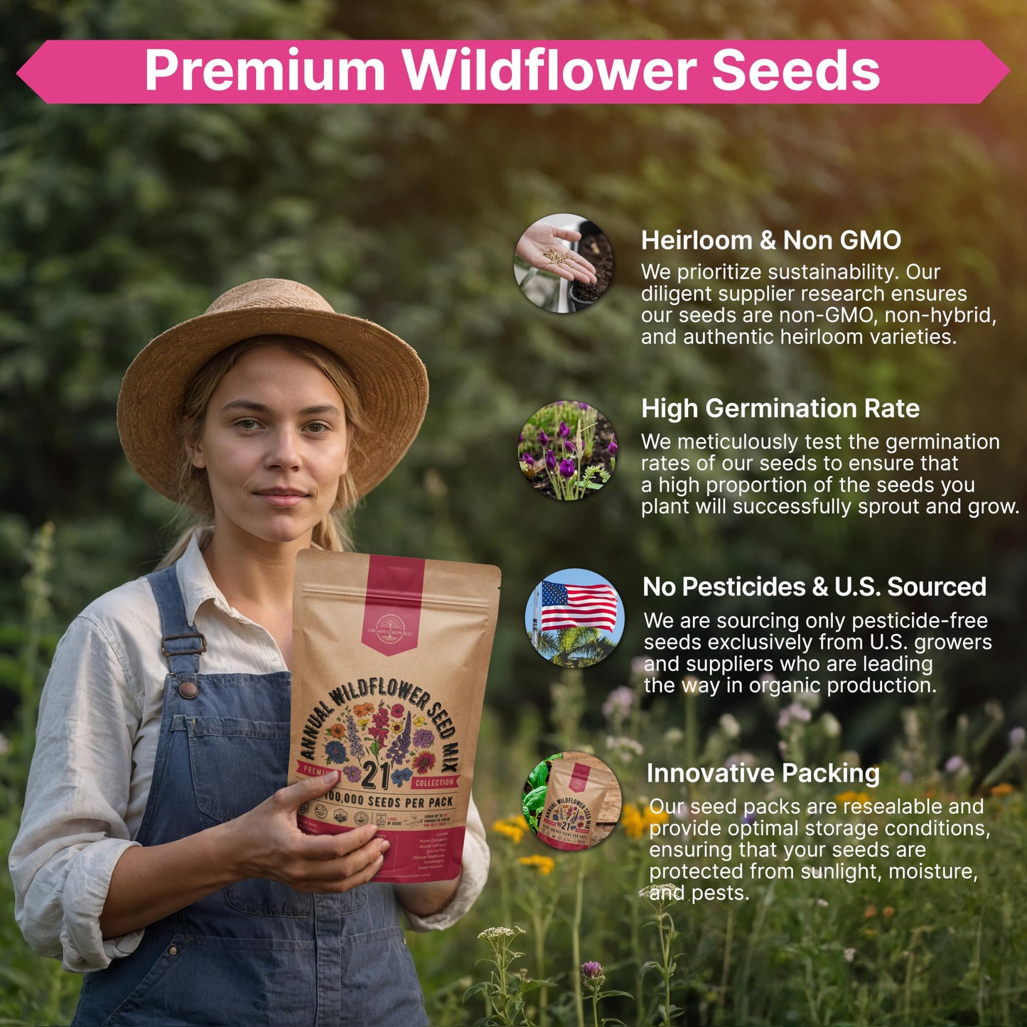 Organo Republic 16 Perennial Wildflower Seeds Mix for Indoor & Outdoors 100,000 Non-GMO Heirloom Seeds 4oz Packet to Attract Bees Butterflies Birds - OVAD