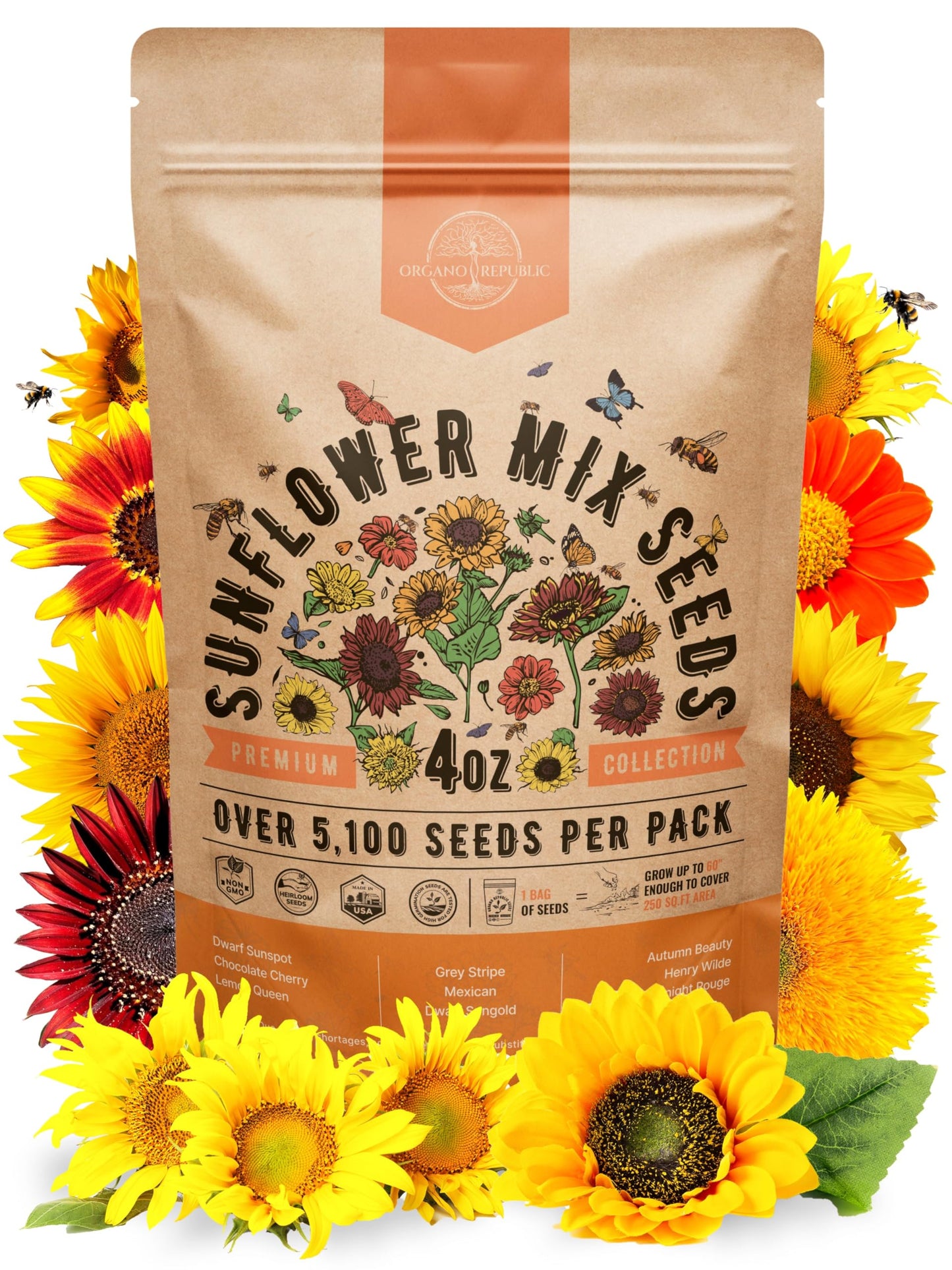 Sunflower Mix Seeds Pack 4 oz - 5,100 Non-GMO Heirloom Seeds for Vibrant Home Garden Planting Indoor and Outdoor - OVAD