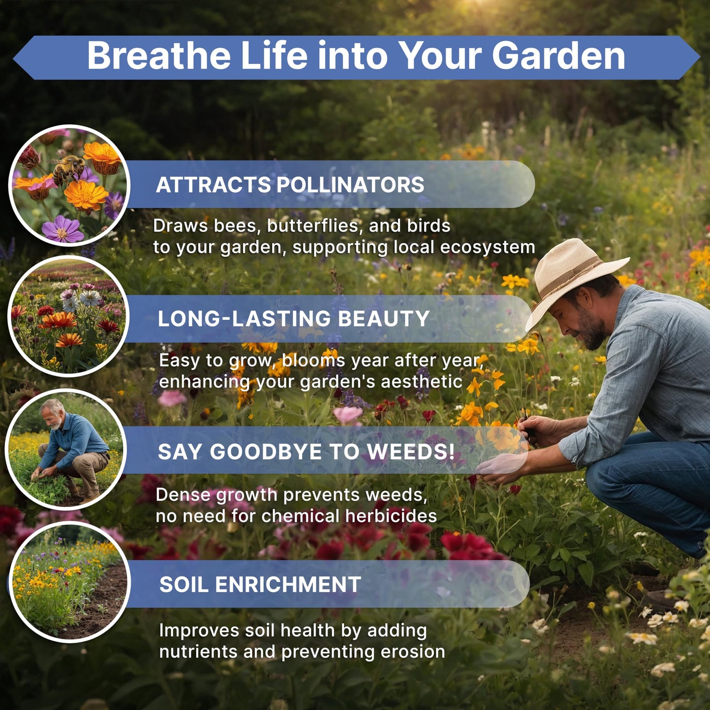 Organo Republic 16 Perennial Wildflower Seeds Mix for Indoor & Outdoors 100,000 Non-GMO Heirloom Seeds 4oz Packet to Attract Bees Butterflies Birds - OVAD