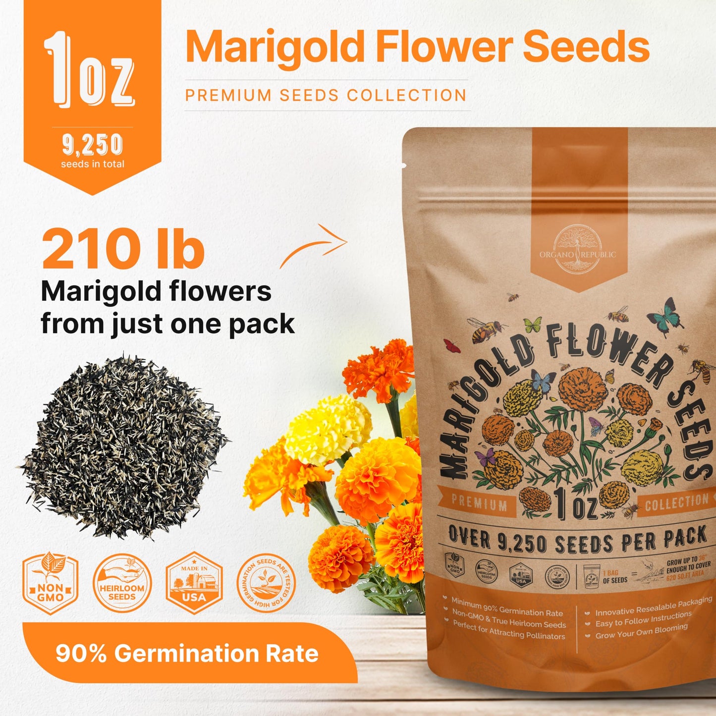 Marigold Seeds Pack 1 oz - Over 9,250 Non-GMO Heirloom Seeds for Indoor and Outdoor Gardening, Perfect for Home and Garden Beautification - OVAD