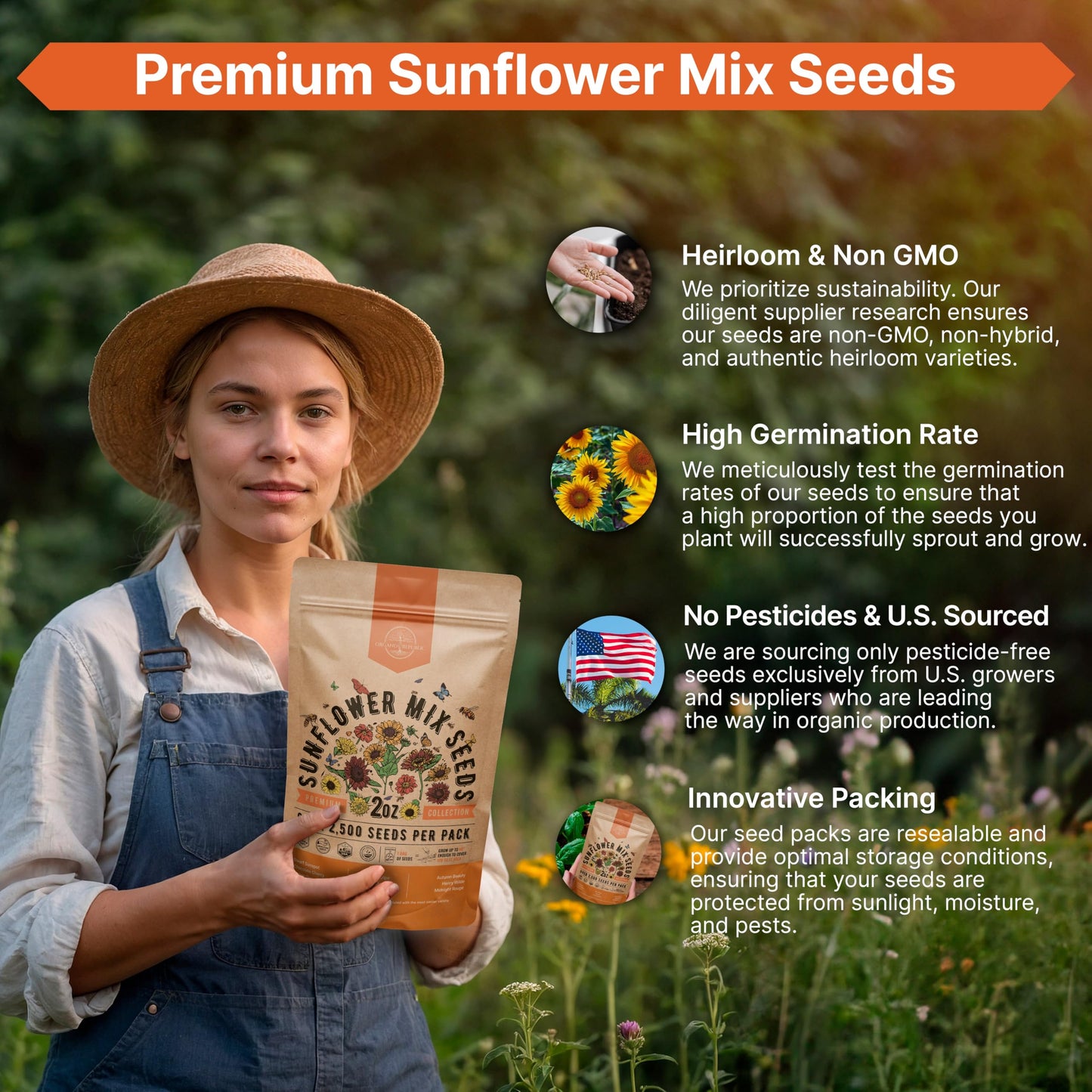 Sunflower Mix Seeds Pack 4 oz - 5,100 Non-GMO Heirloom Seeds for Vibrant Home Garden Planting Indoor and Outdoor - OVAD