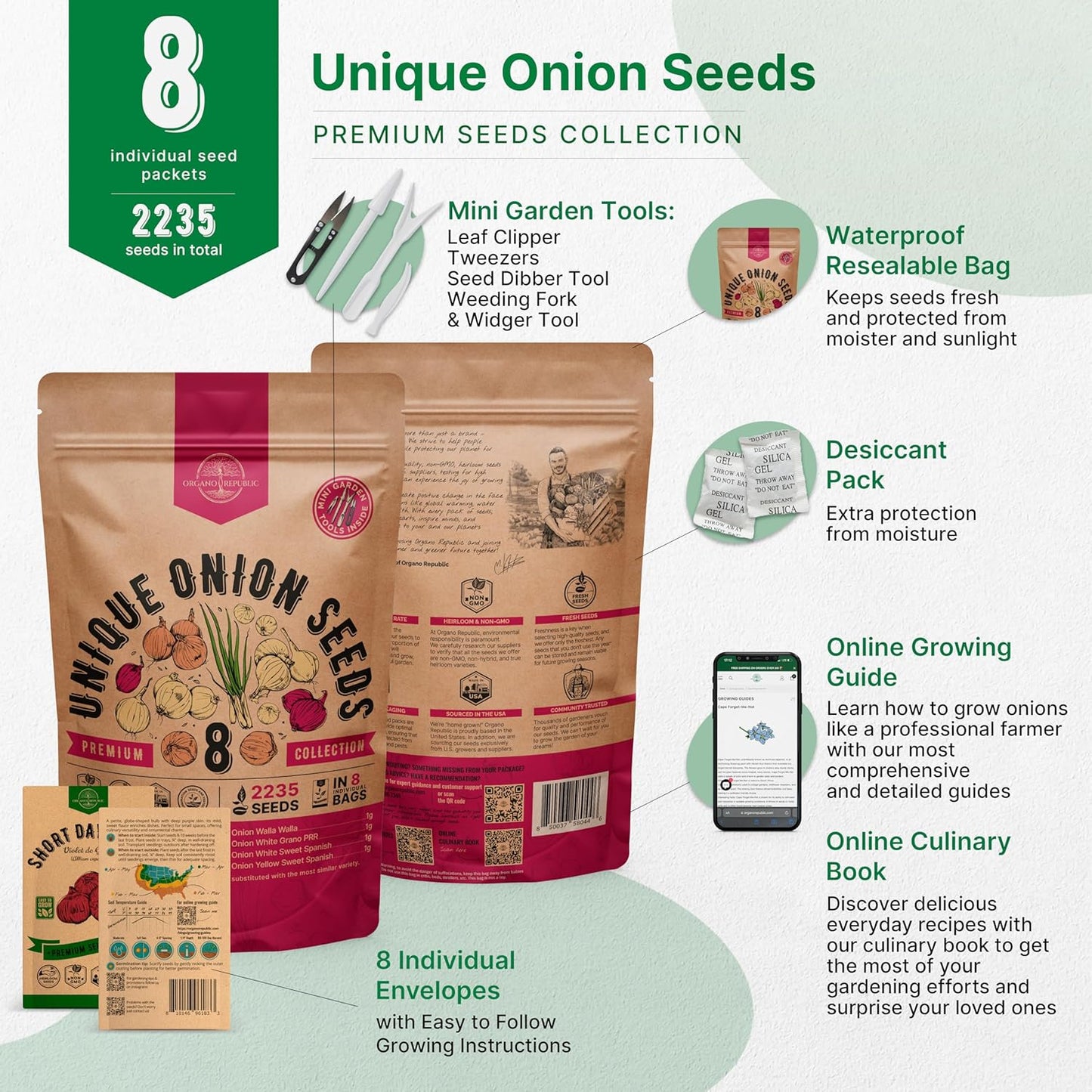 Organo Republic 8 Onion Seeds Variety Pack Heirloom Non-GMO 2200+ Seeds for Indoor and Outdoor Gardening with Walla Walla Green Onion Red Burgundy White and Yellow Sweet Spanish Onions - OVAD