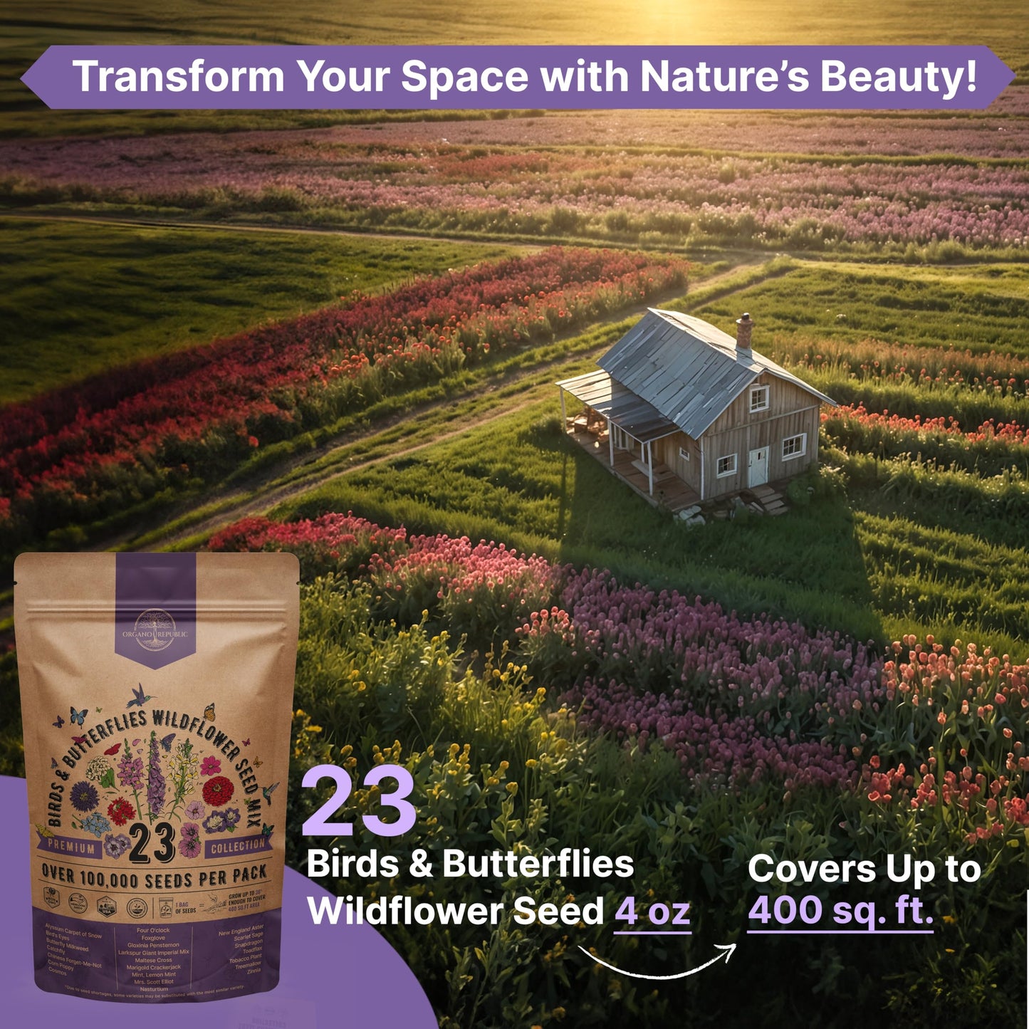 Organo Republic 16 Perennial Wildflower Seeds Mix for Indoor & Outdoors 100,000 Non-GMO Heirloom Seeds 4oz Packet to Attract Bees Butterflies Birds - OVAD