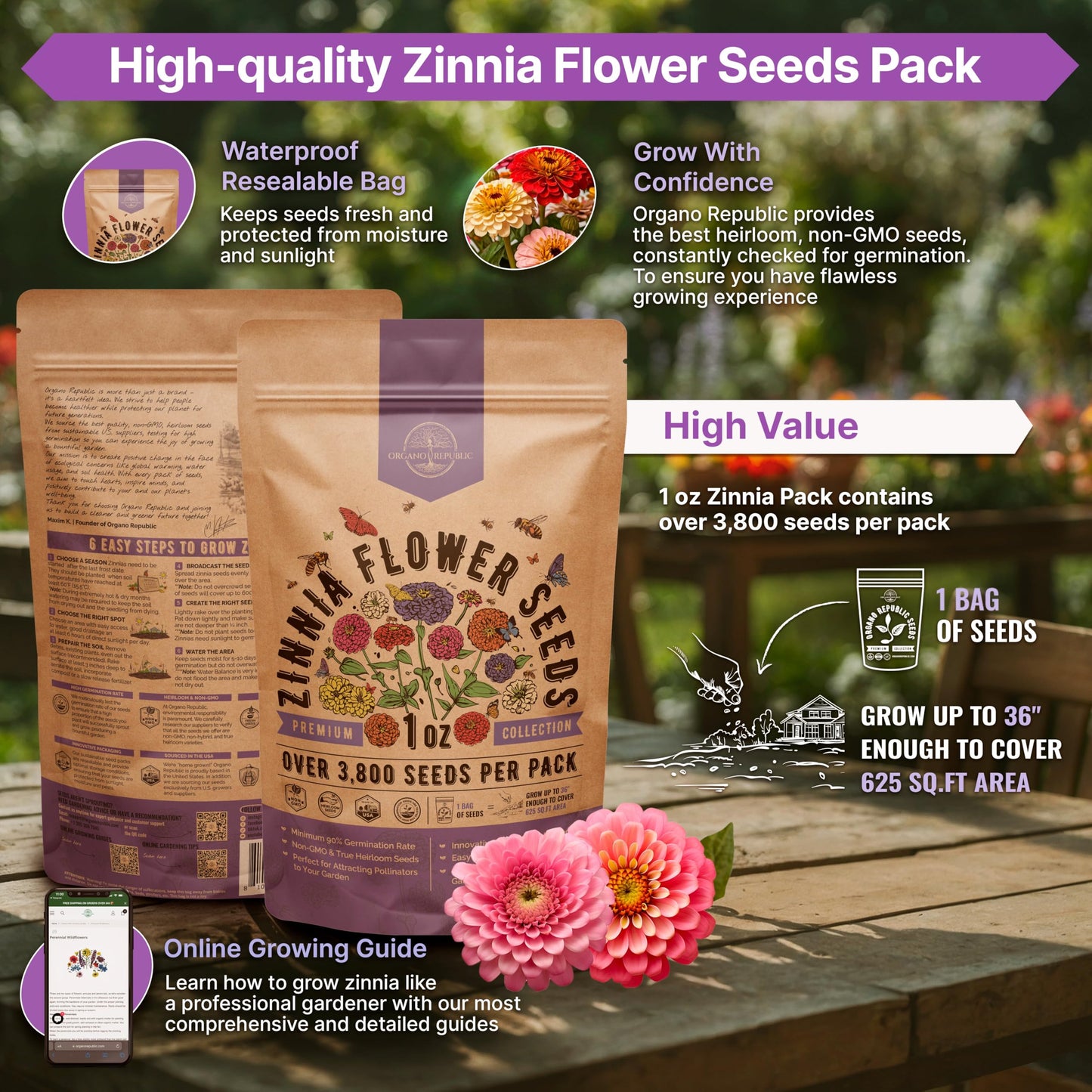 Zinnia Seeds Pack 1 oz - Over 3,800 Non-GMO Heirloom Seeds for Beautiful Annual Flower Gardens Indoors and Outdoors - OVAD