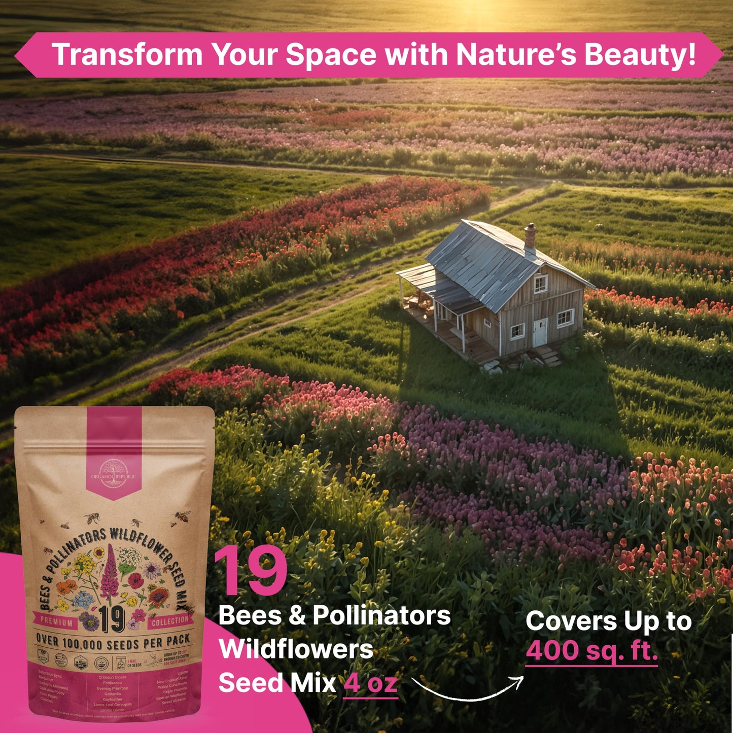Organo Republic 16 Perennial Wildflower Seeds Mix for Indoor & Outdoors 100,000 Non-GMO Heirloom Seeds 4oz Packet to Attract Bees Butterflies Birds - OVAD