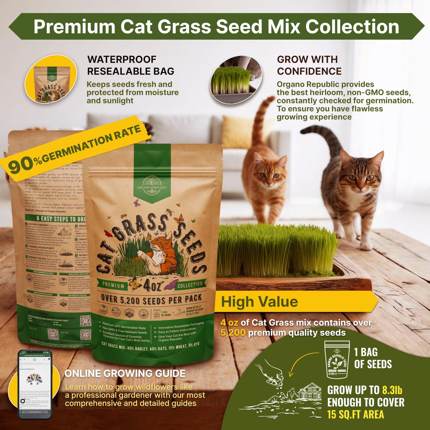 Organo Republic Cat Grass Seeds Mix - 20,800 Non-GMO Heirloom Seeds for Cats & Pets, 16 oz Pack for Indoor Planting and Natural Hairball Remedy - OVAD