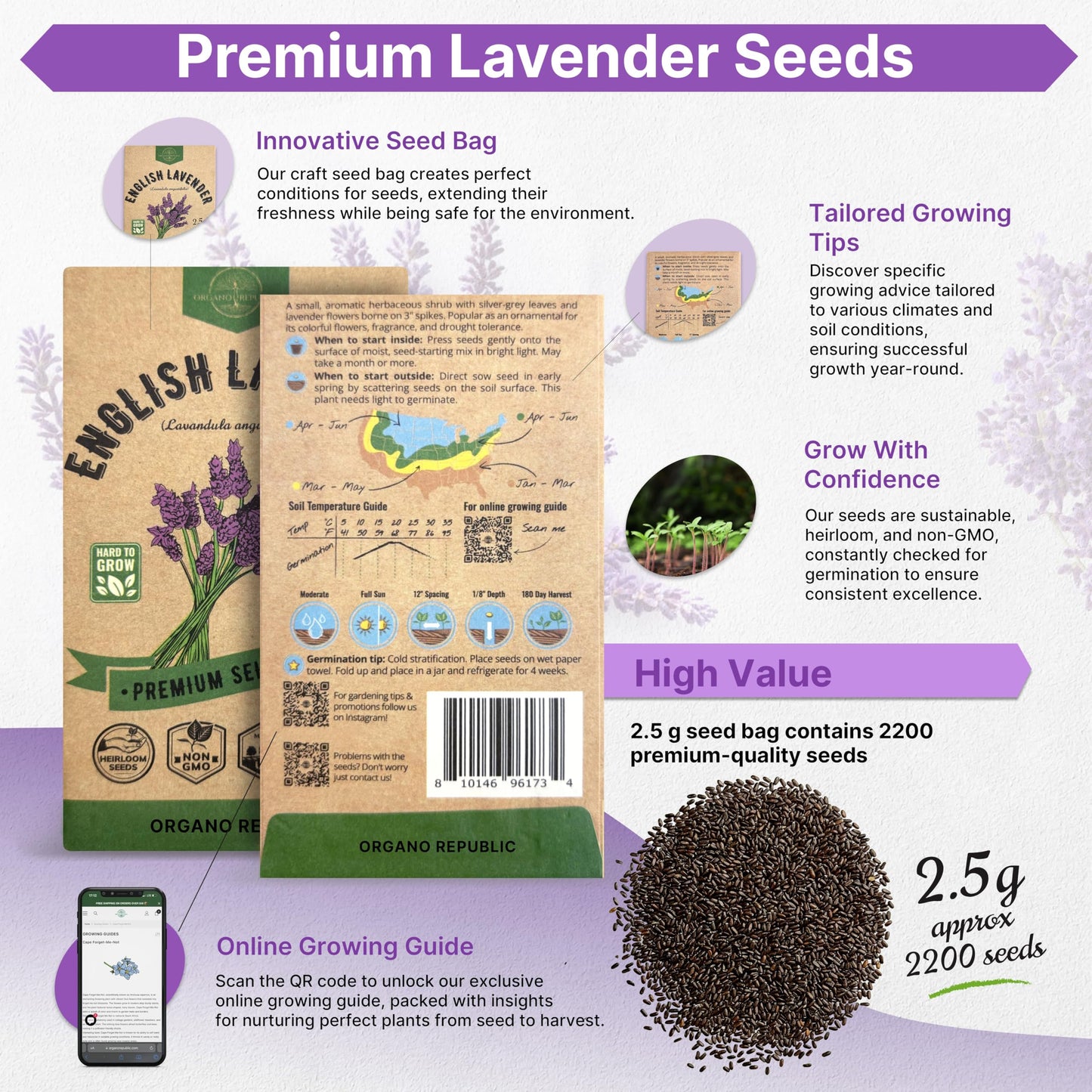 English Lavender Seeds Pack 2.50G - Over 2200 Non-GMO Heirloom Lavender Seeds for Planting Herbs in Individual Seed Packet for Home Gardens - OVAD