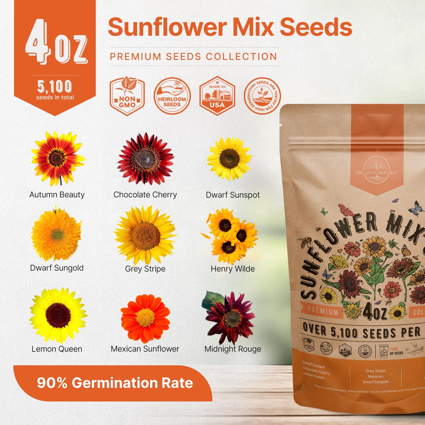 Sunflower Mix Seeds Pack 4 oz - 5,100 Non-GMO Heirloom Seeds for Vibrant Home Garden Planting Indoor and Outdoor - OVAD