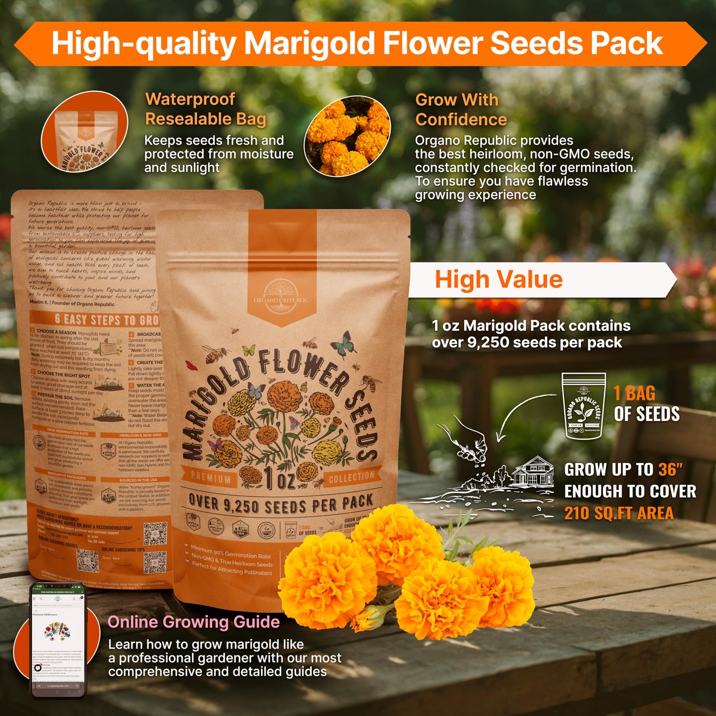 Marigold Seeds Pack 1 oz - Over 9,250 Non-GMO Heirloom Seeds for Indoor and Outdoor Gardening, Perfect for Home and Garden Beautification - OVAD