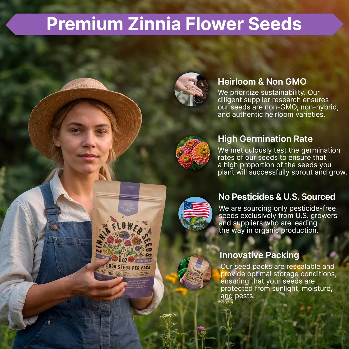 Zinnia Seeds Pack 1 oz - Over 3,800 Non-GMO Heirloom Seeds for Beautiful Annual Flower Gardens Indoors and Outdoors - OVAD