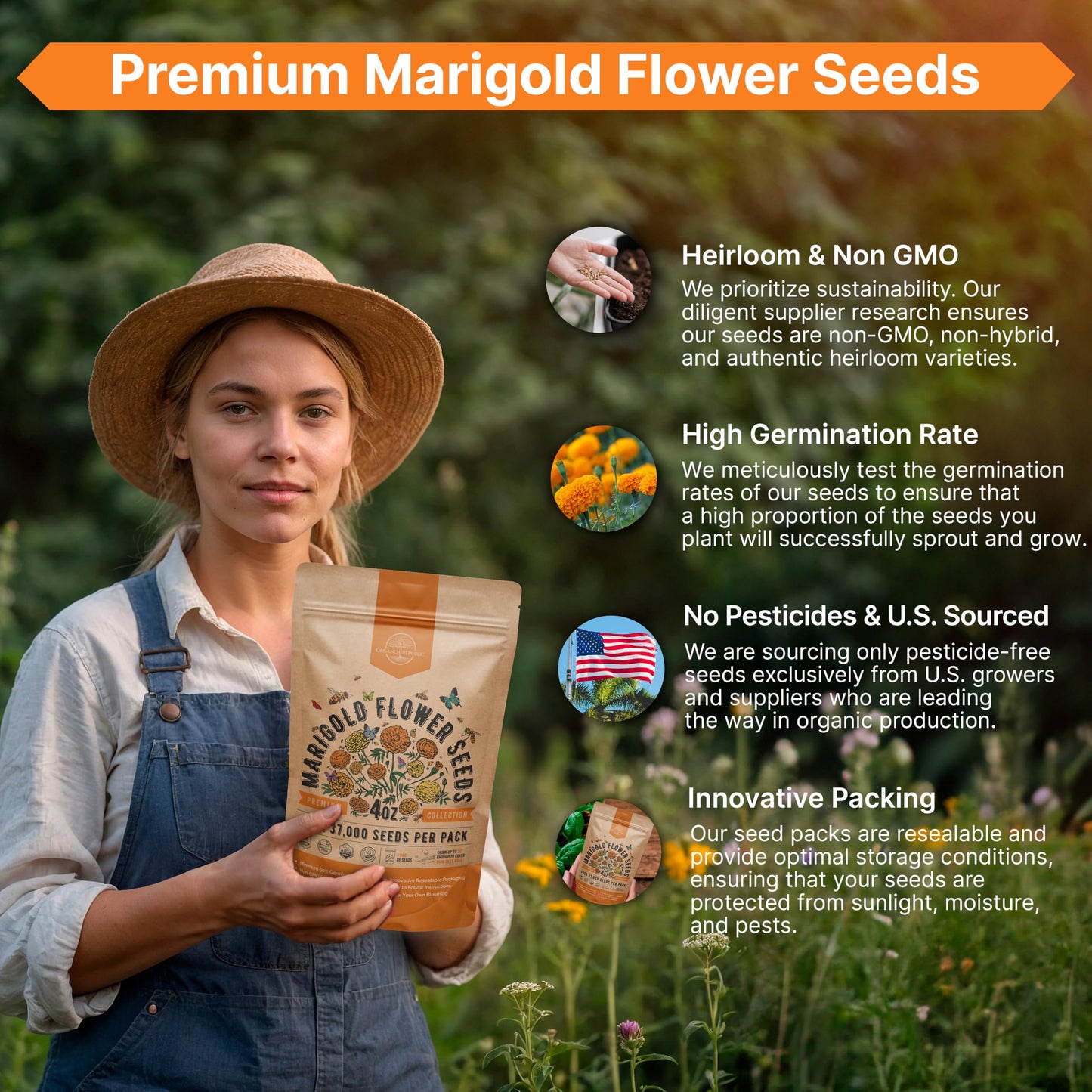 Marigold Seeds Pack 1 oz - Over 9,250 Non-GMO Heirloom Seeds for Indoor and Outdoor Gardening, Perfect for Home and Garden Beautification - OVAD