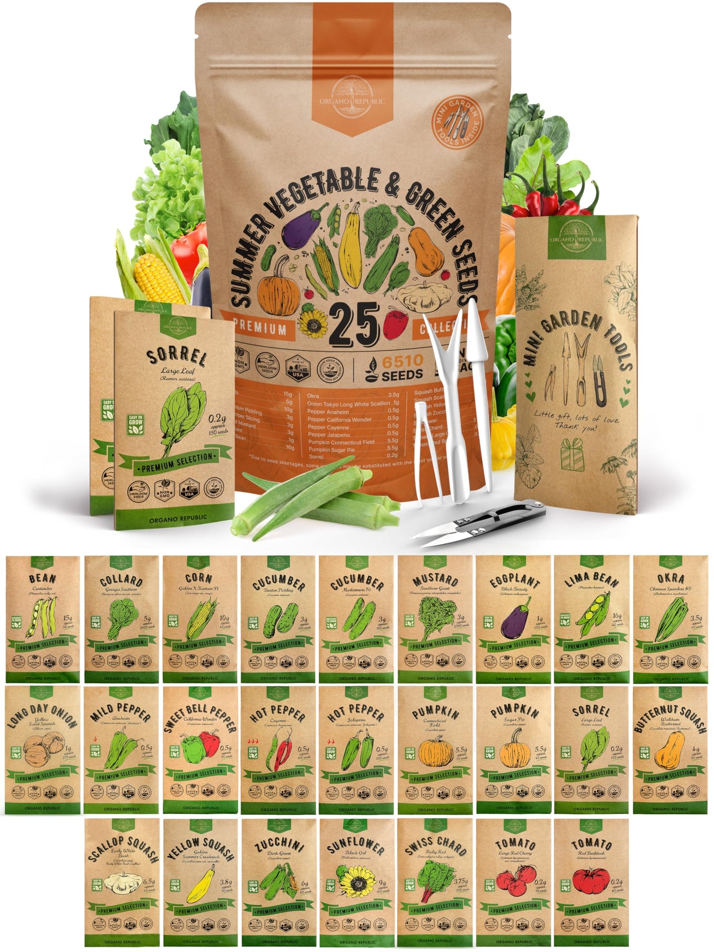 25 Summer Vegetable & Fruit Seeds Variety Pack with 1,870+ Non-GMO Heirloom Seeds for Indoor and Outdoor Gardening Including Tomatoes, Peppers, Okra, and More - OVAD