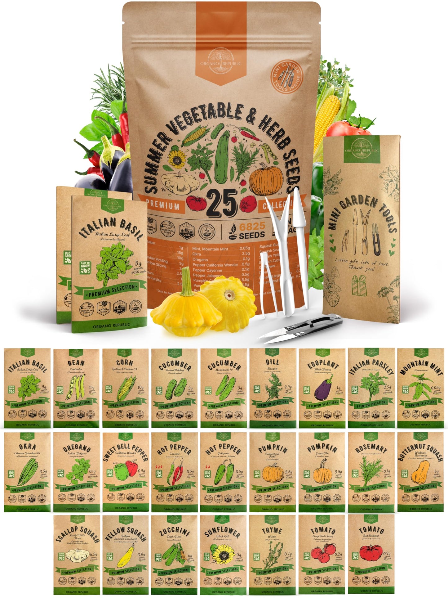 25 Summer Vegetable & Fruit Seeds Variety Pack with 1,870+ Non-GMO Heirloom Seeds for Indoor and Outdoor Gardening Including Tomatoes, Peppers, Okra, and More - OVAD