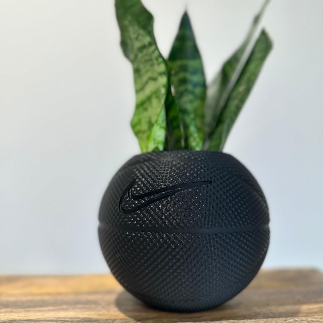 Basketball Planter Pot 3D Printed - Unique Black Indoor Plant Pot with Drainage Hole - Handmade in USA